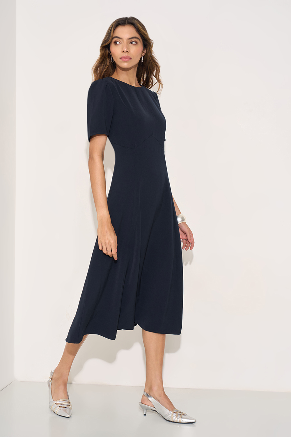Navy Solid Structured Midi Dress