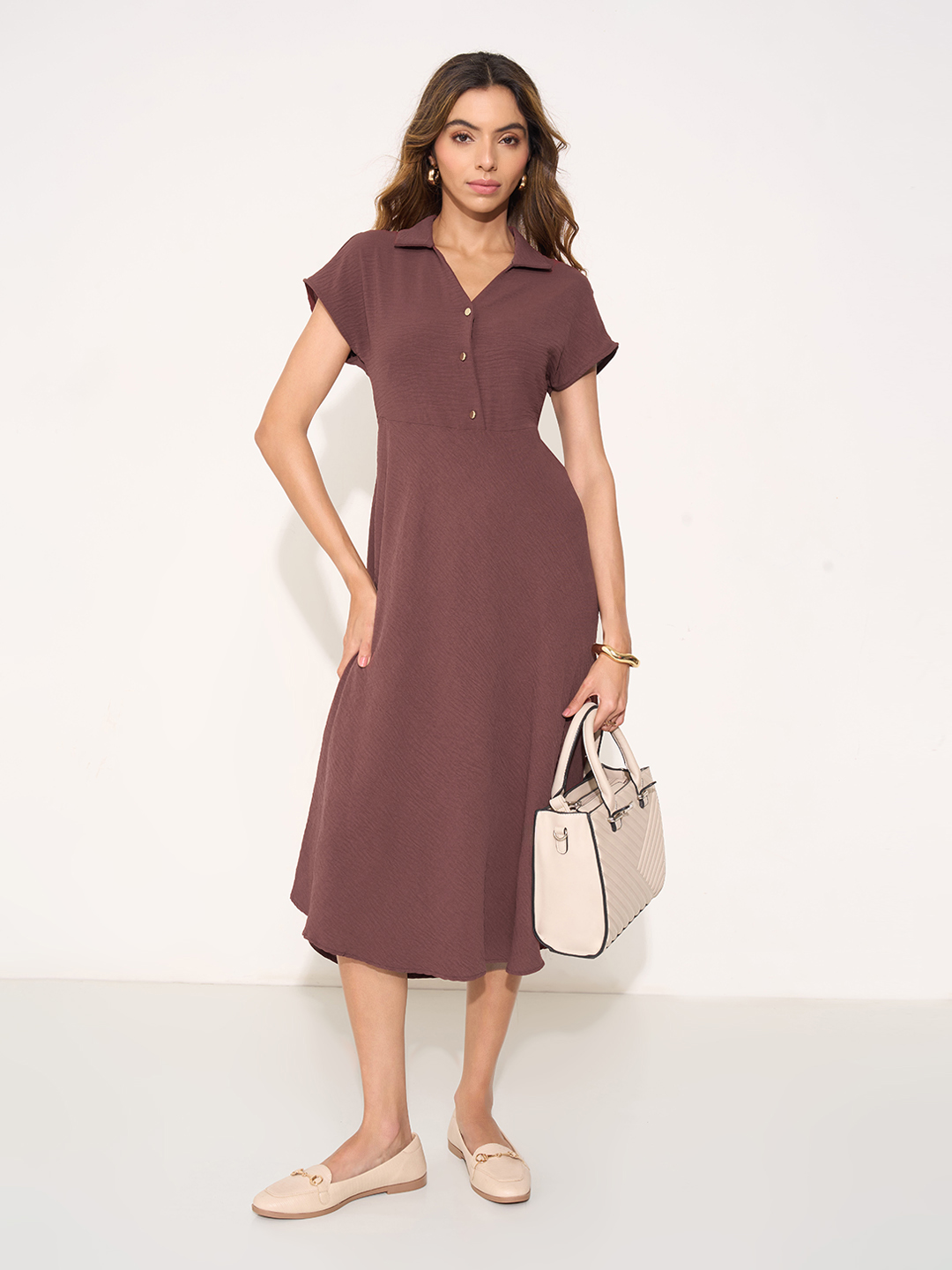 Maroon Textured Collared Midi Dress with Dolman Sleeves