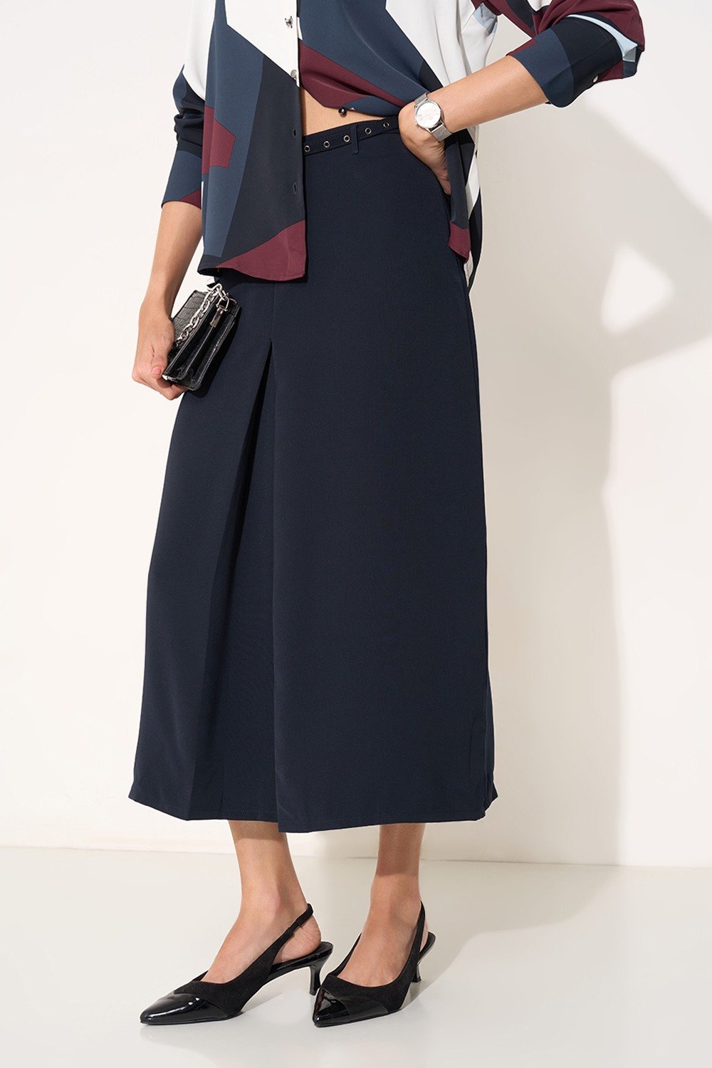 Navy Front Pleat Midi Skirt with Belt Detail