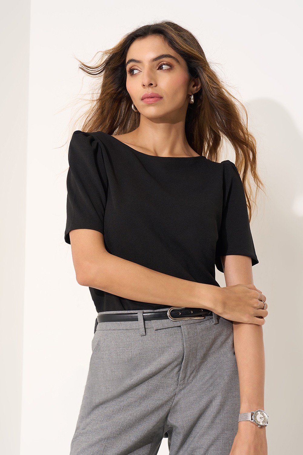 Black Crepe Structured Top with Puff Sleeve