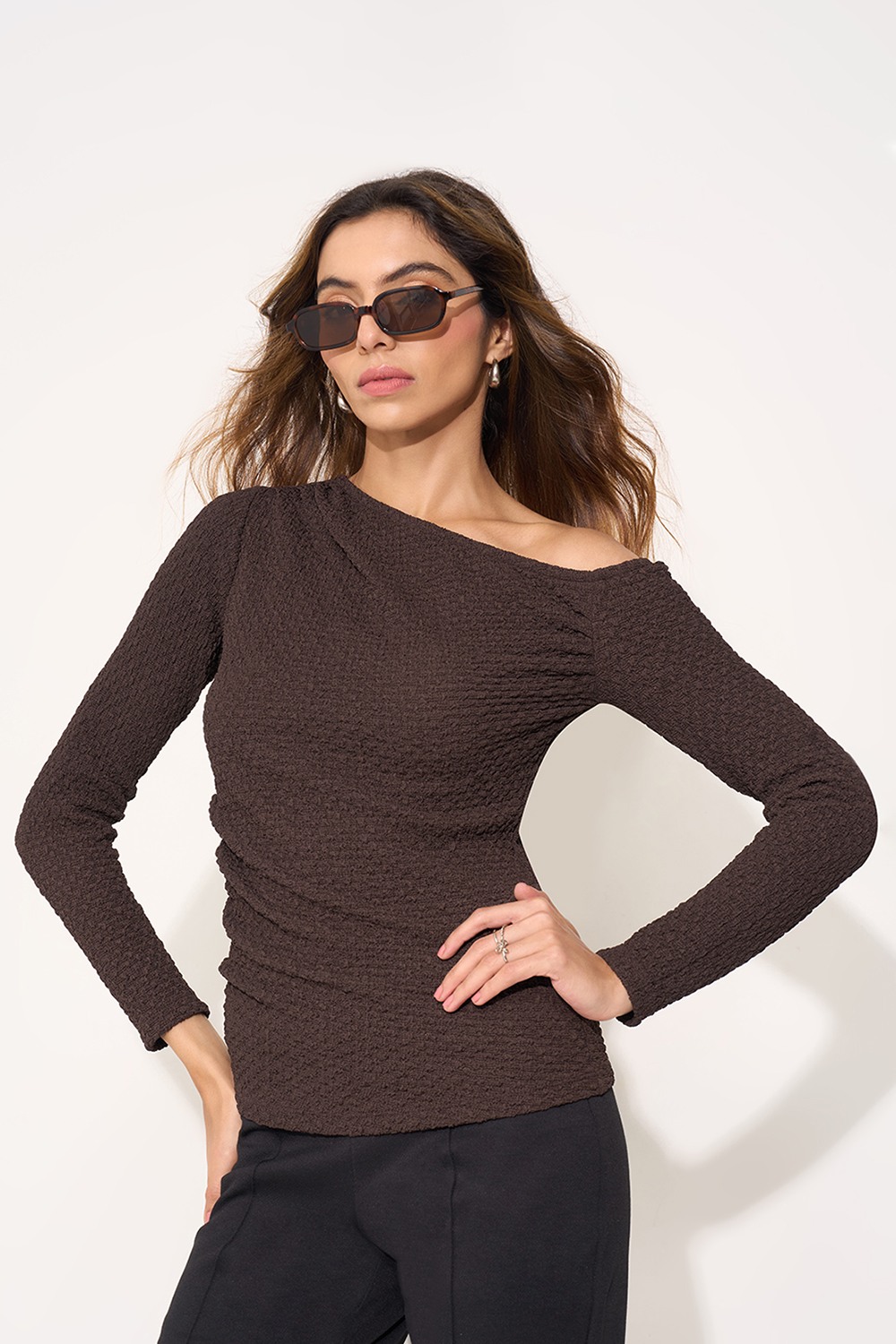 Brown Textured One-Shoulder Top