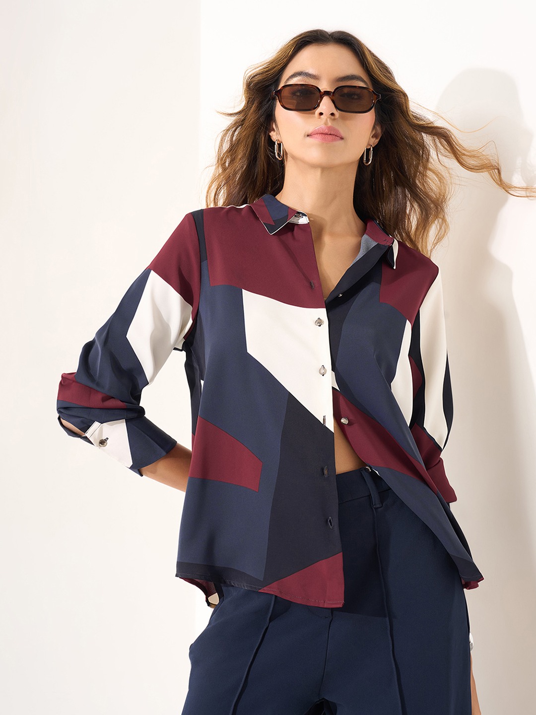 Multicoloured Geometric Print Colour Block Shirt