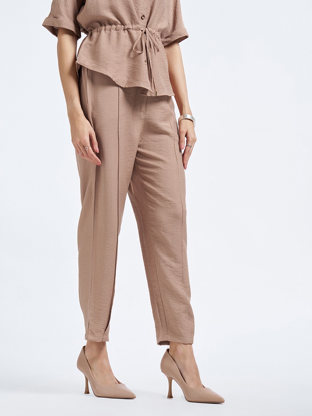 Beige Textured Pintuck Detail Slim Fit Trousers