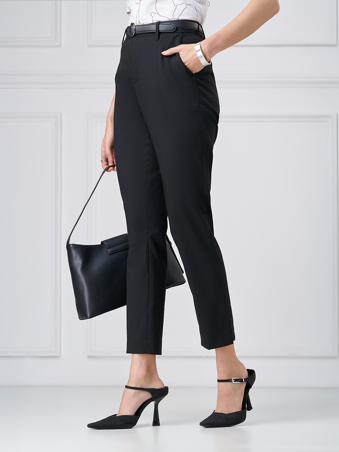 Black Solid Tailored Trousers