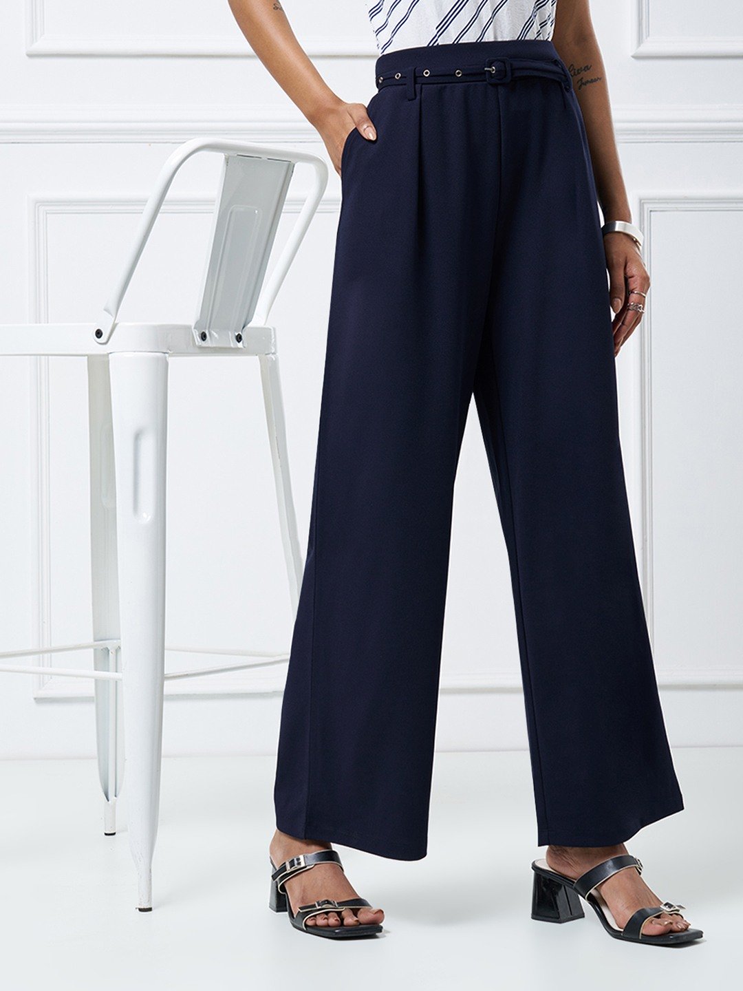 Navy Belted Straight-Leg Pleated Tailored Trousers