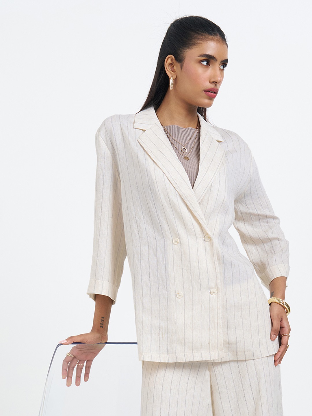 Off-White Striped Unlined Double Breasted Blazer