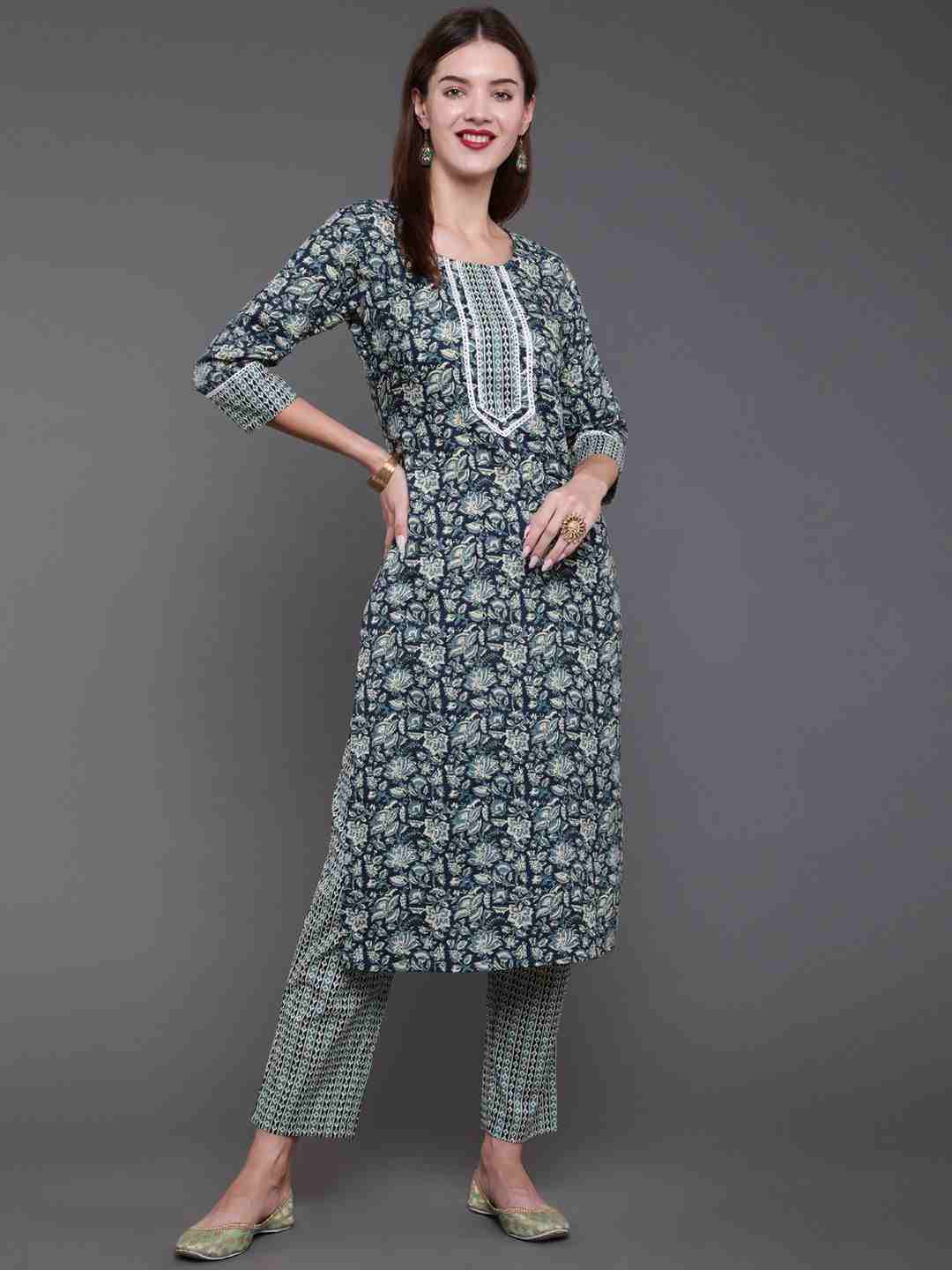 3/4th Sleeve Pure Cotton Blue Kurta Set