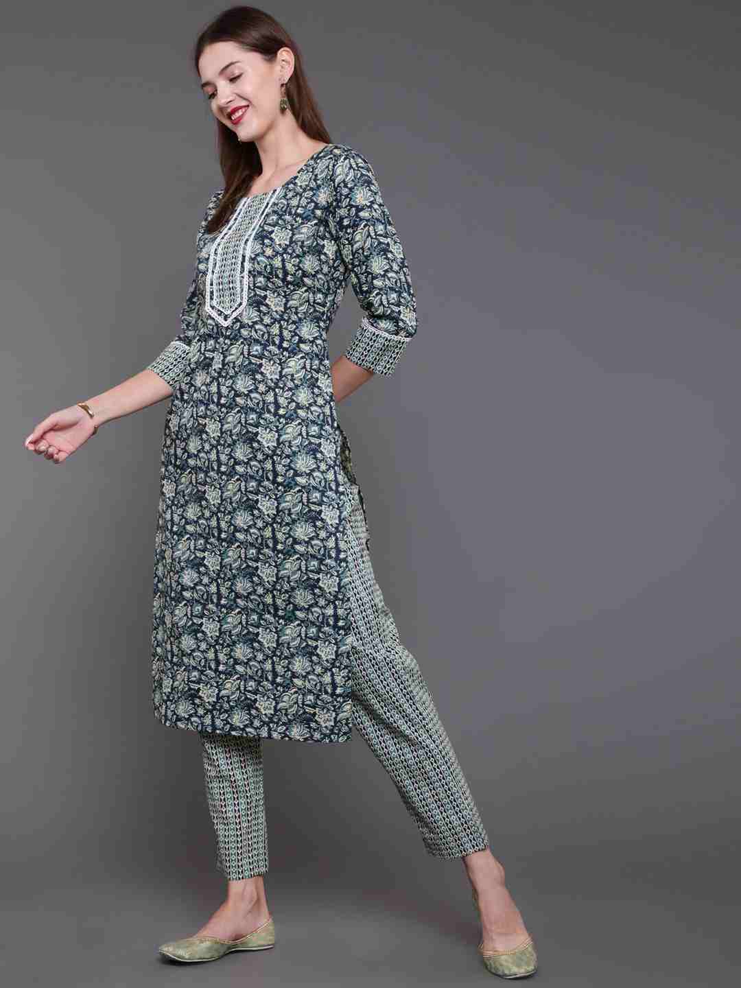 3/4th Sleeve Pure Cotton Blue Kurta Set