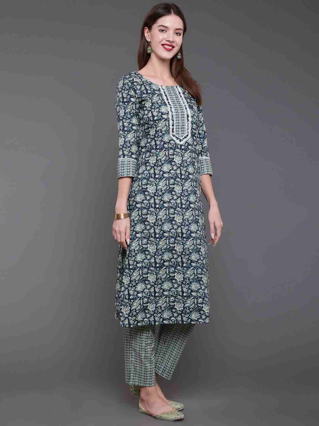 3/4th Sleeve Pure Cotton Blue Kurta Set