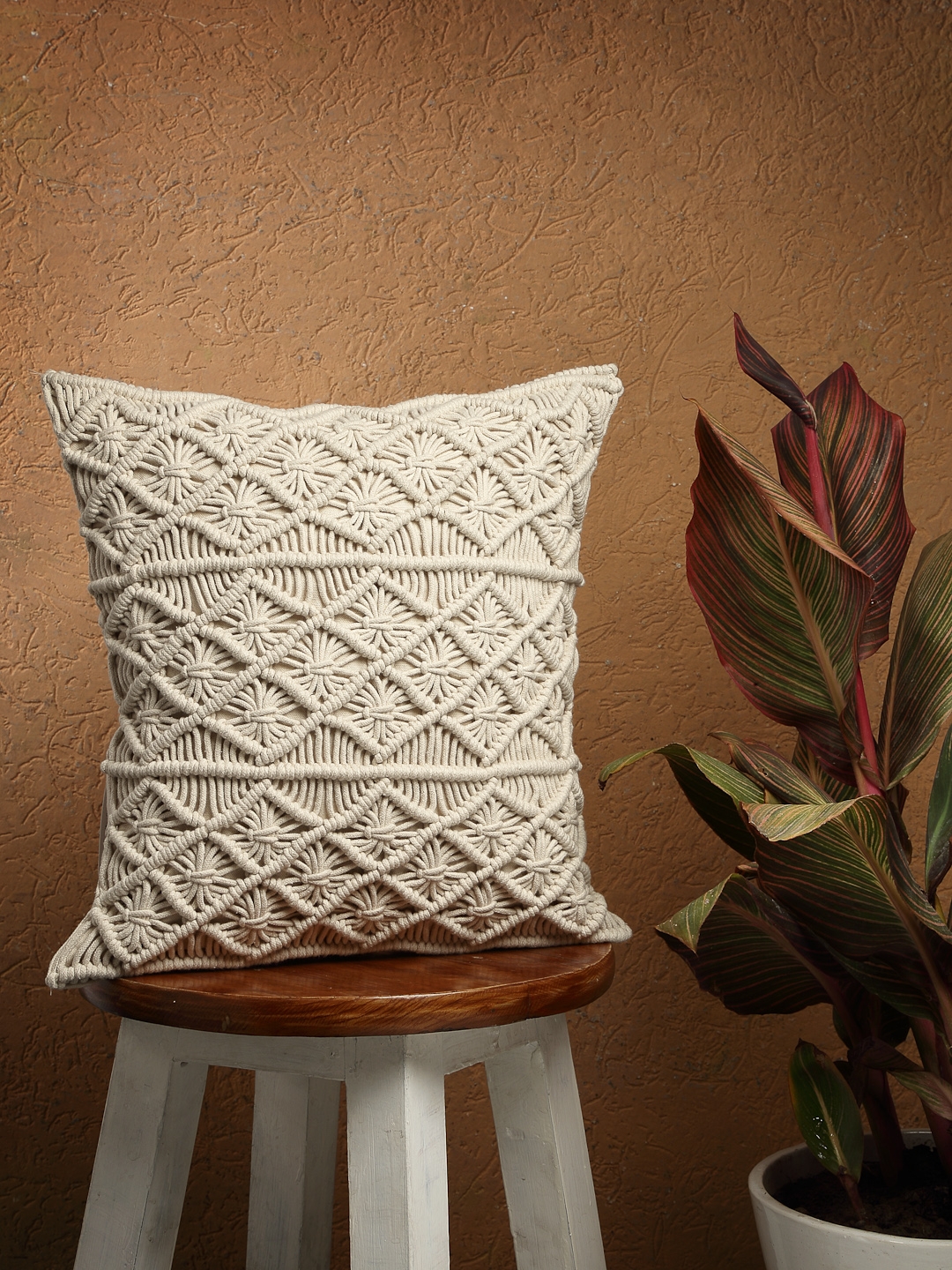 ANWYN Triangular Knotted Pattern Hand-made Macrame Cushion Cover II 100% Cotton II SIZE: 16"X16" II Suitable for Living Room, Office, Dining, Garden & Balcony