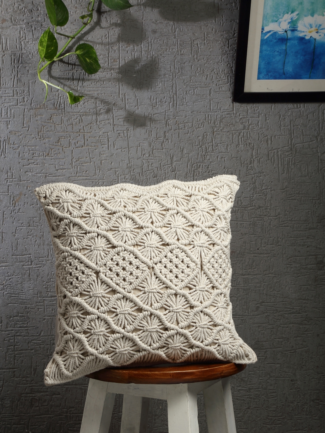 ANWYN Square Hand-knotted Macrame Natural Color Cushion Cover for Office & Study Room, Living Room & Bed-Room II 100% Cotton II SIZE: 16"X16"