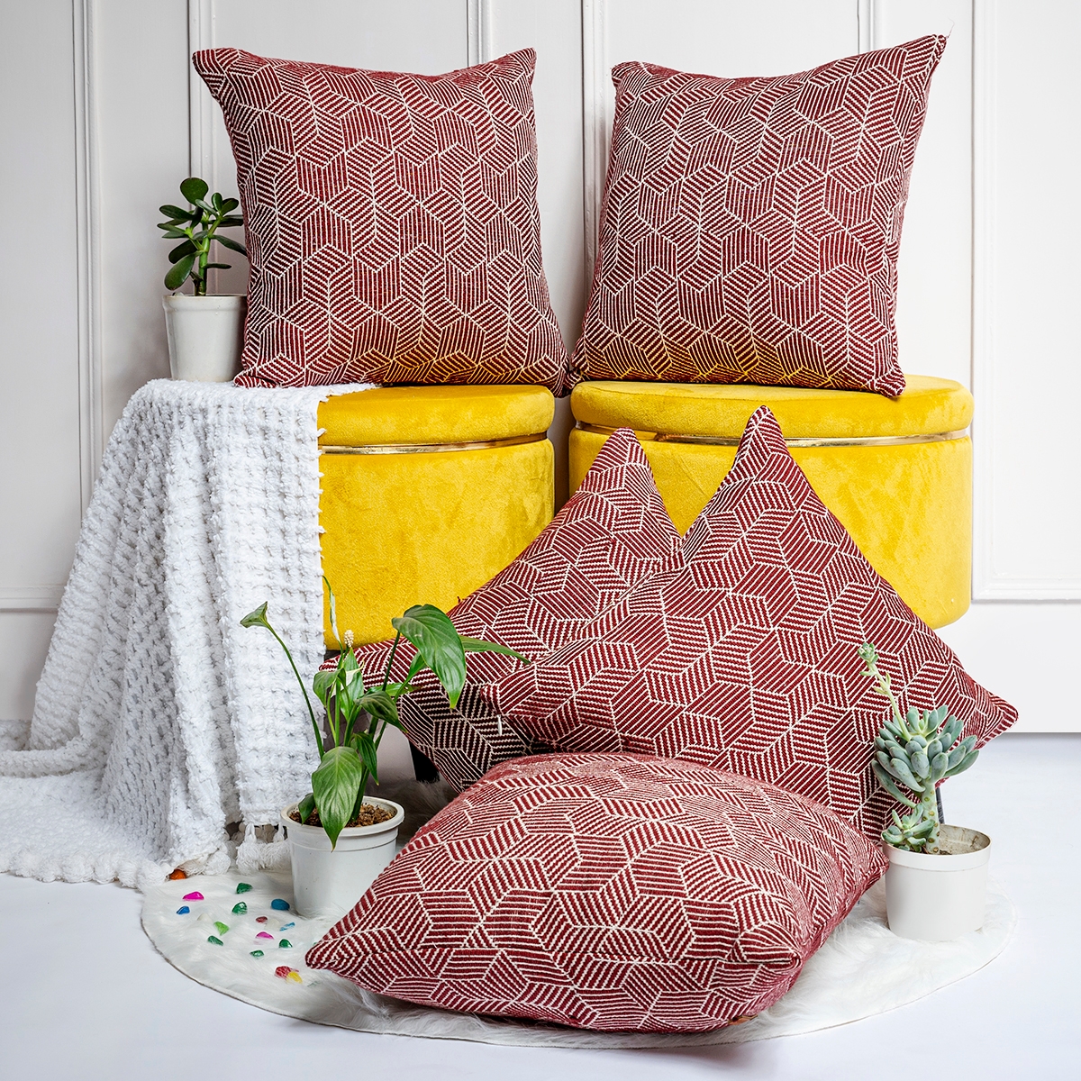 Anwyn Red Geometric Patterned pack of 5 handloom Cushion Cover II 100% Cotton II Square Cushions II Size- 16"X16"