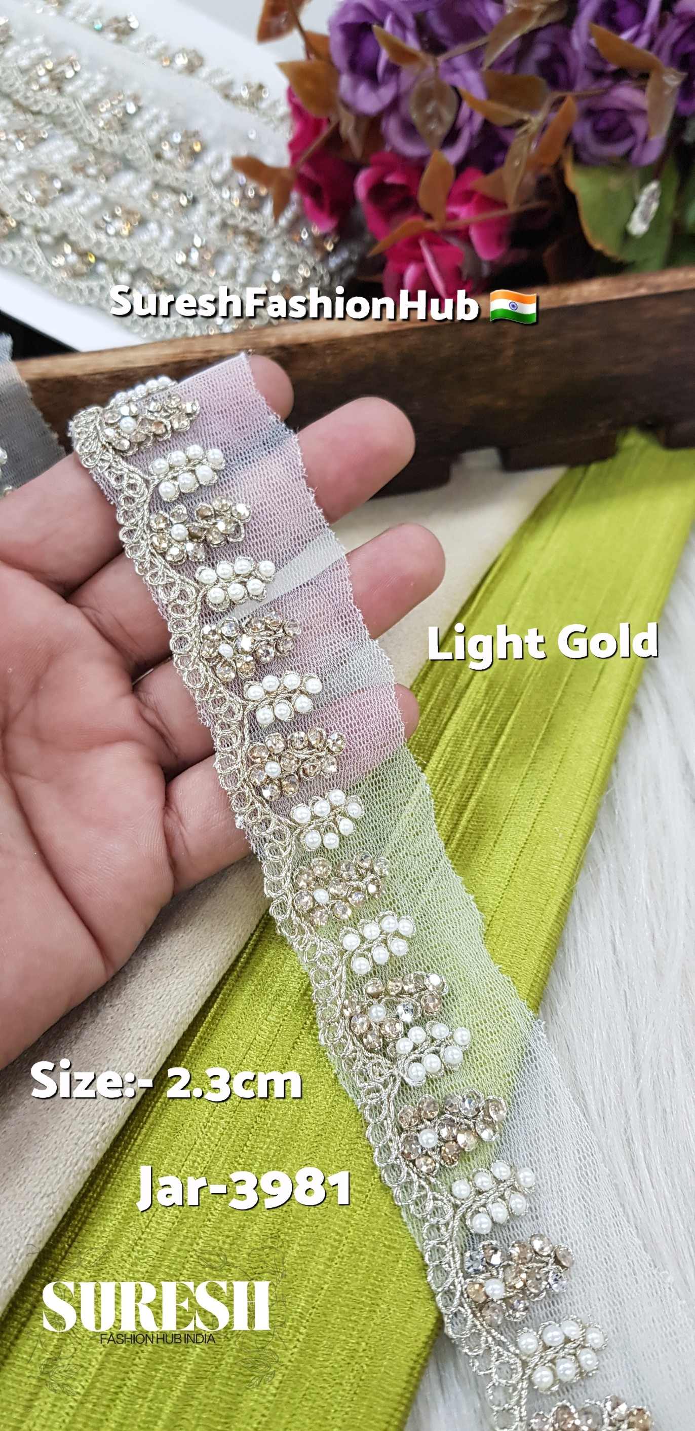 Jar-3981 Light Gold Organza Dori Diamond Lace – 2.3 cm