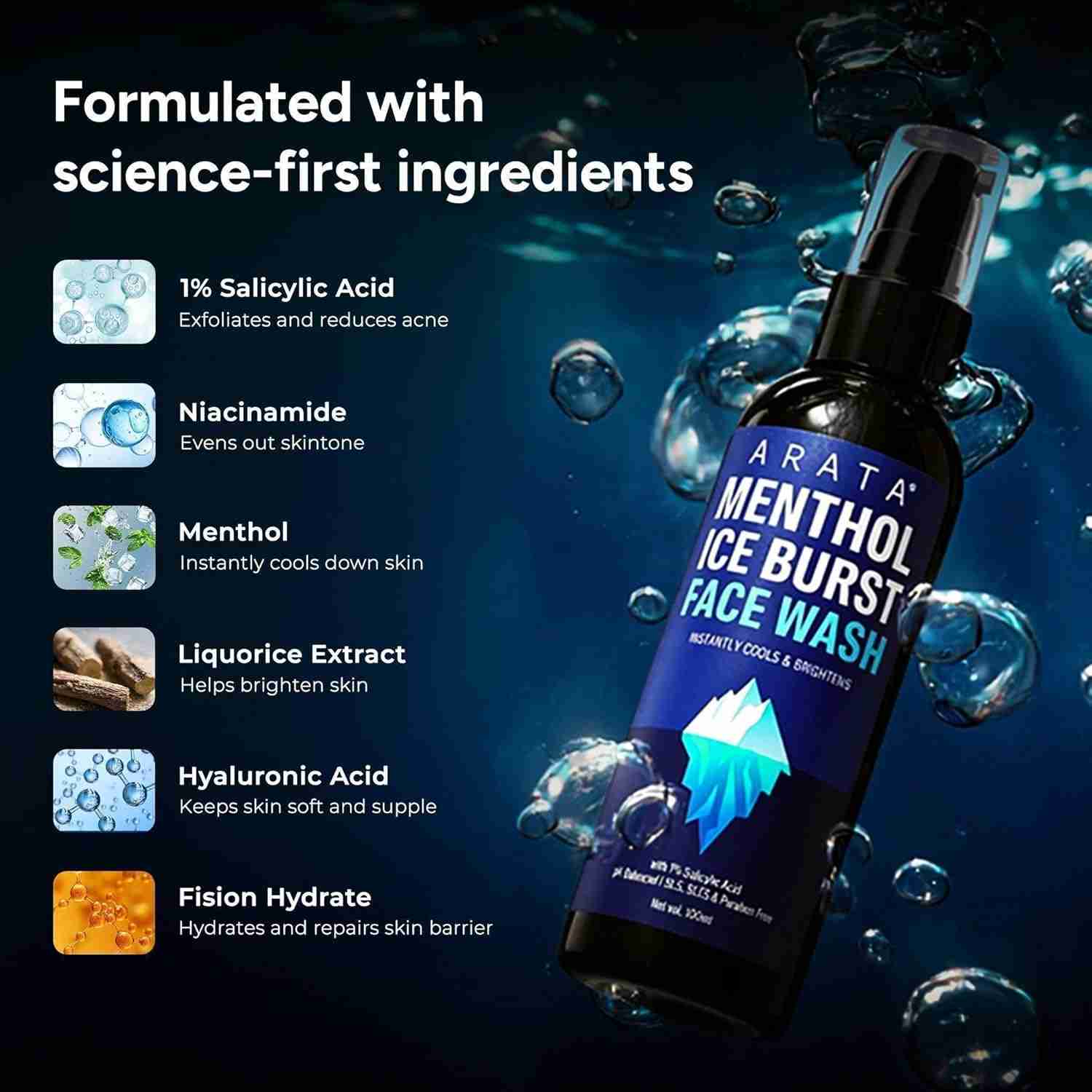 Arata | Menthol Ice Burst Face Wash |For all Skin Types | 100ml