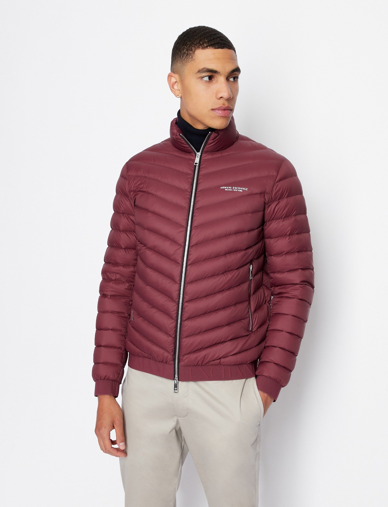 Front Open Zip Up Puffer Down Jacket with Logo Print Diagonal Quilting