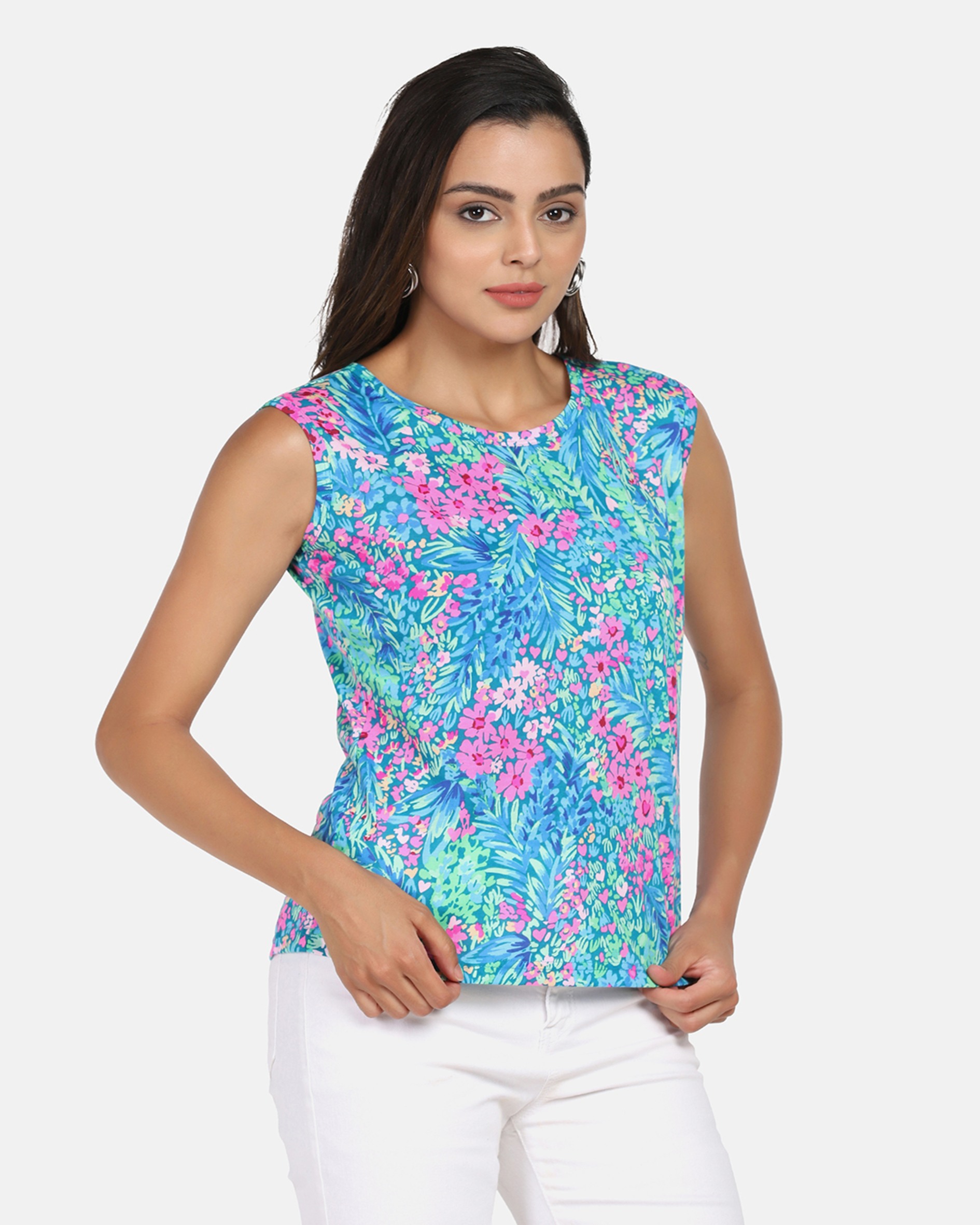 Abstract Printed Supima Cotton Sky Blue & Pink Top
