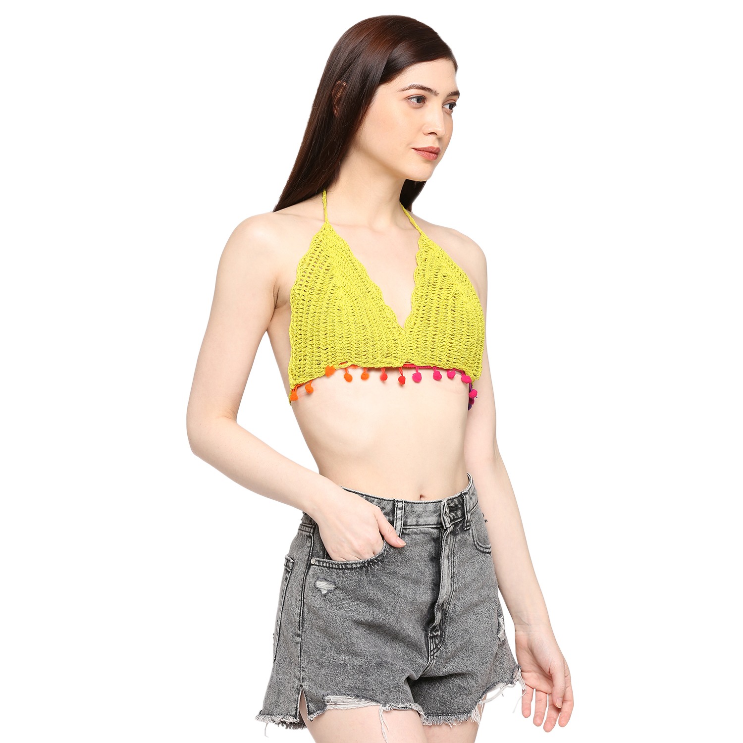 Smarty Pants women's pom pom lace crochet lime green color beach bikini bra.