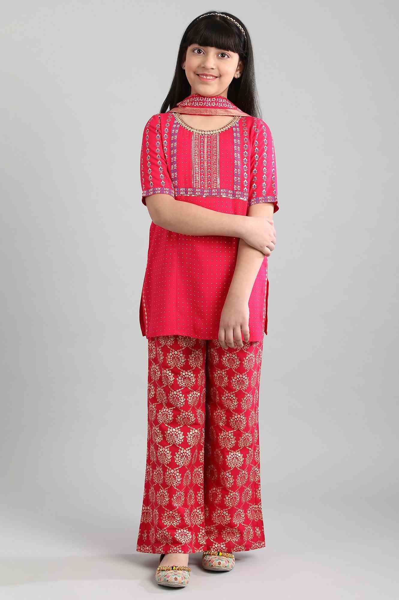 Nautinati Girls' Printed Kurti Palazzo Set With Dupatta
