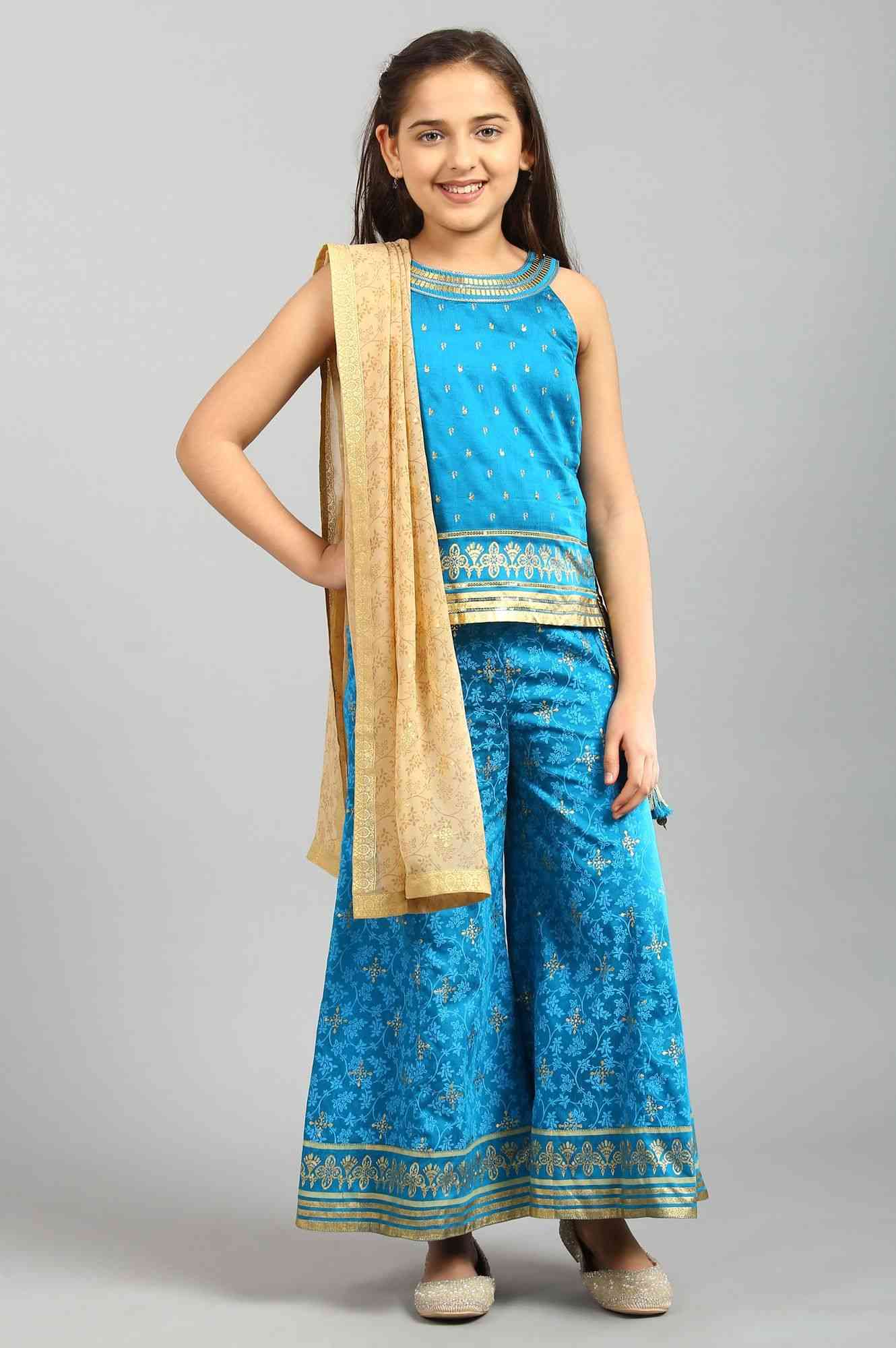 Aurelia | Blue Sequin Top-Palazzo-Gold Dupatta Girls Set 0