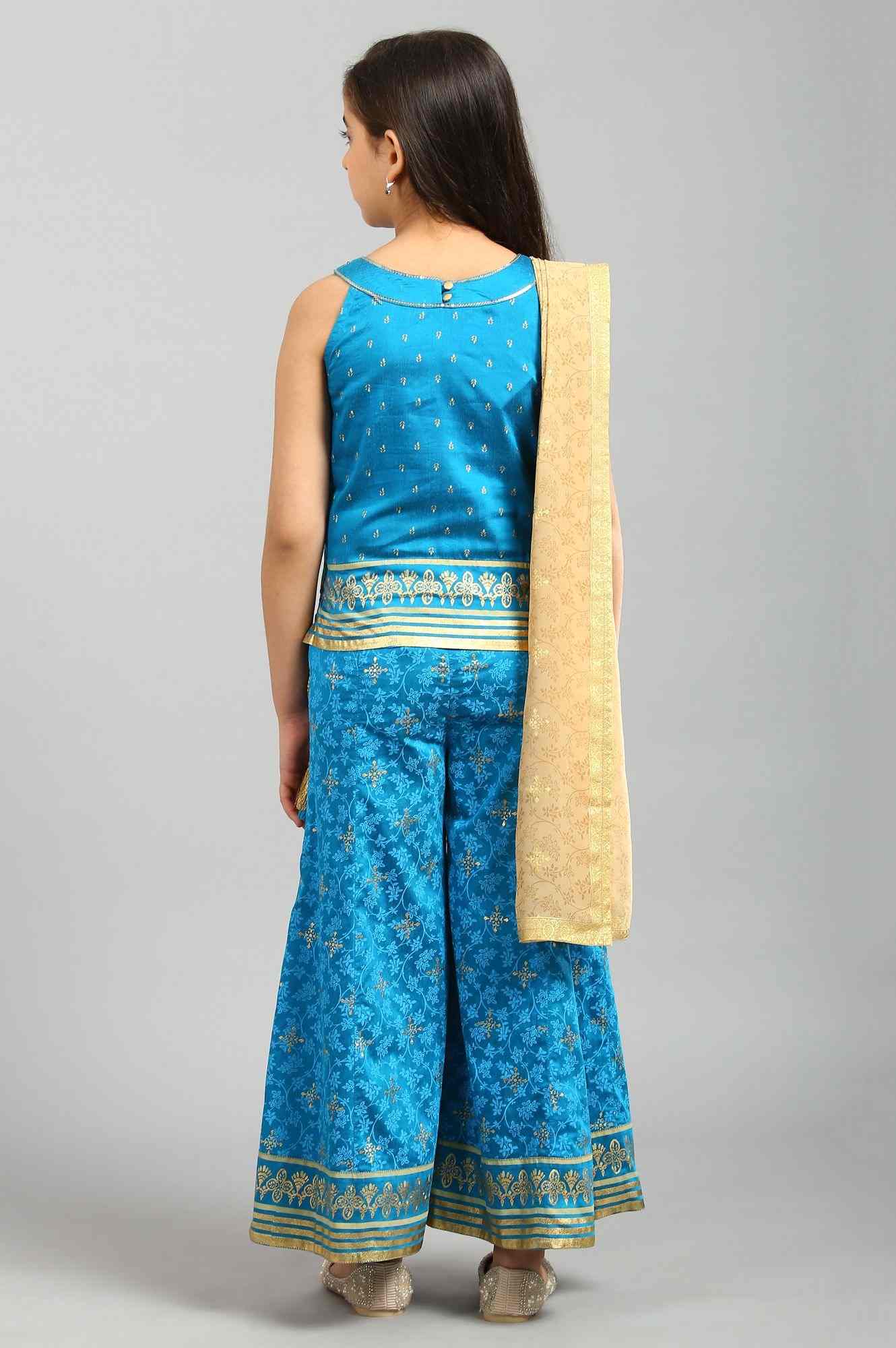 Aurelia | Blue Sequin Top-Palazzo-Gold Dupatta Girls Set 1