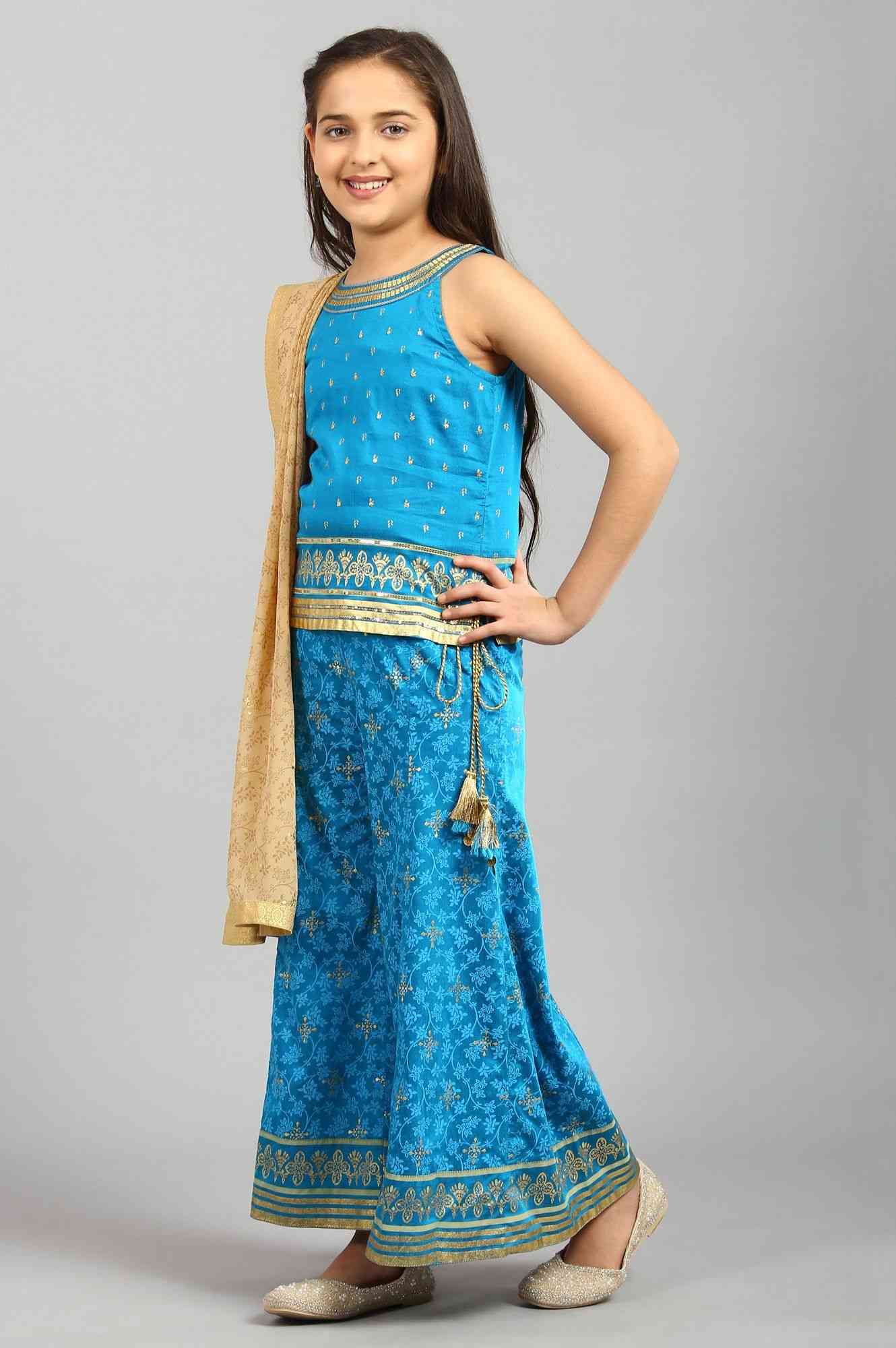 Aurelia | Blue Sequin Top-Palazzo-Gold Dupatta Girls Set 2