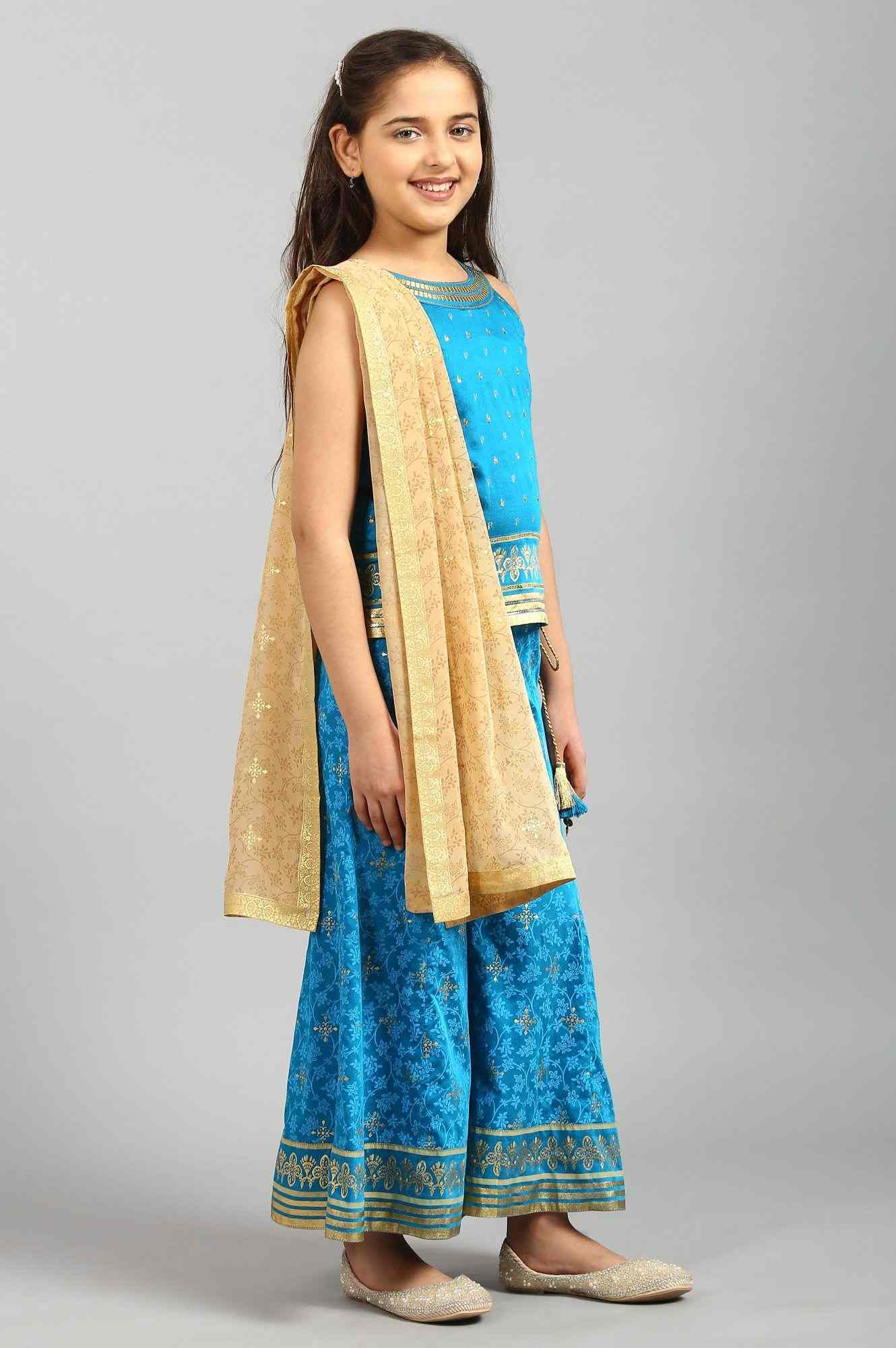 Aurelia | Blue Sequin Top-Palazzo-Gold Dupatta Girls Set 3