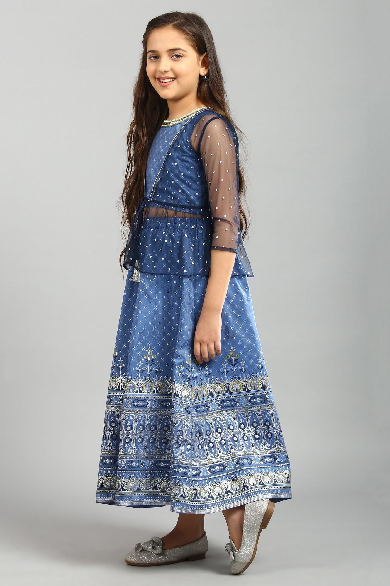 Aurelia | Blue Printed Top-Gilet-Skirt Girls Set 2
