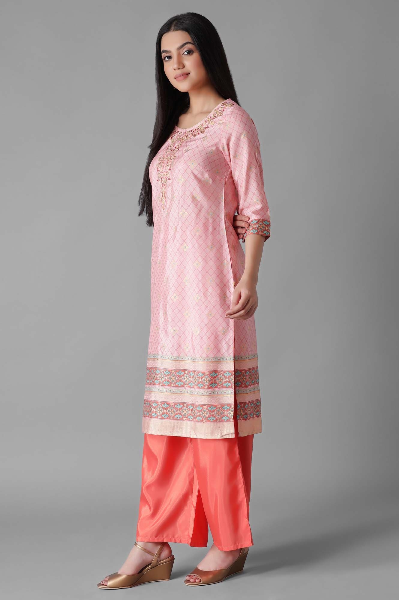 Pink Foil Geometric Print Kurta-Palazzos Set