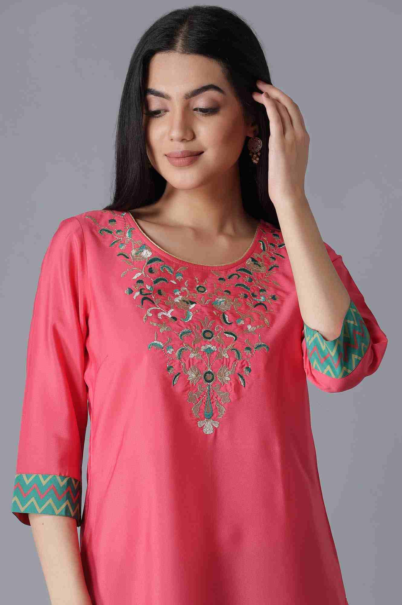 Pink Embroidered Solid Straight Kurta-Culottes Set