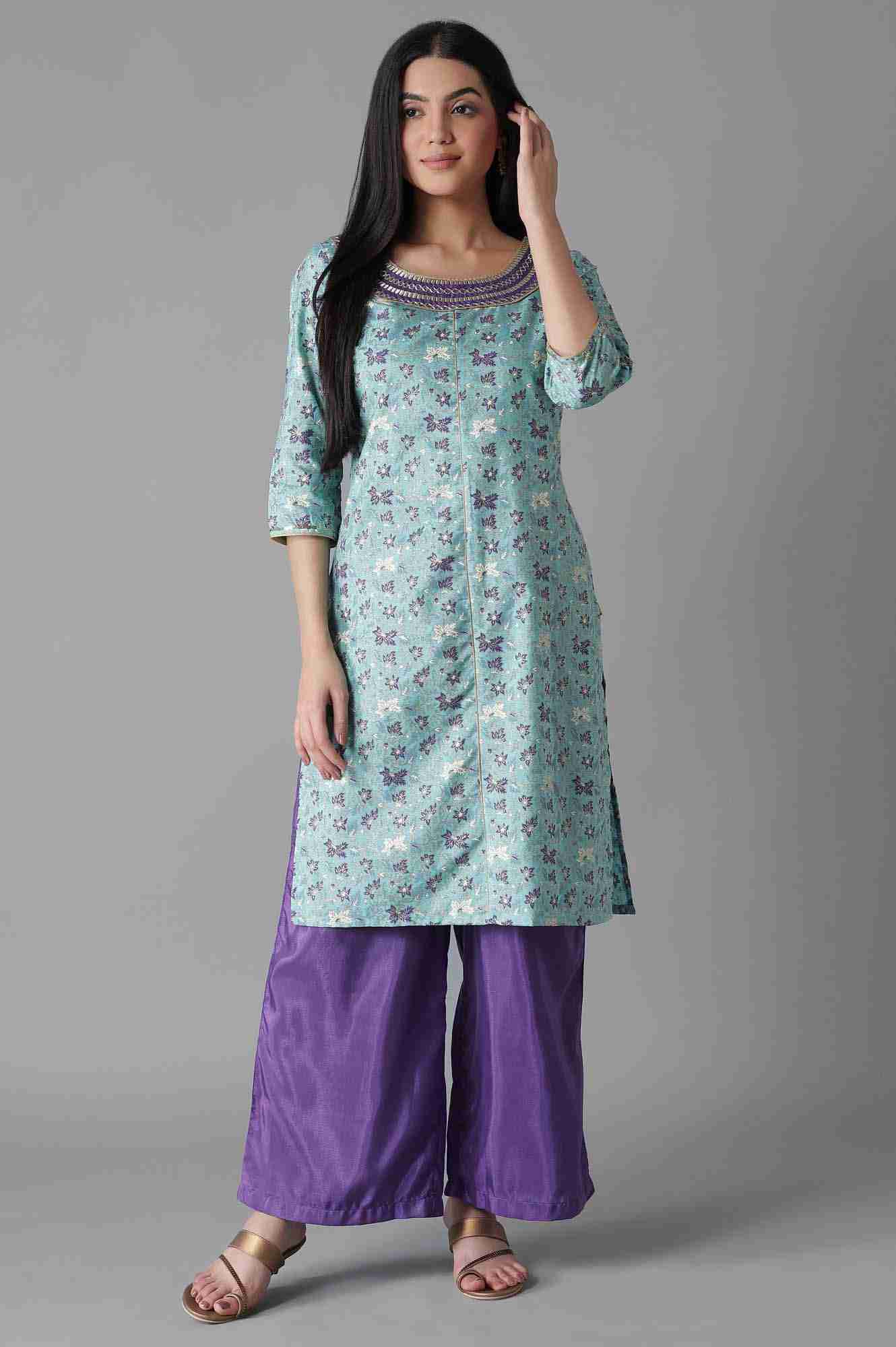 Blue Embroidered Mughal Print Straight Kurta-Palazzos Set