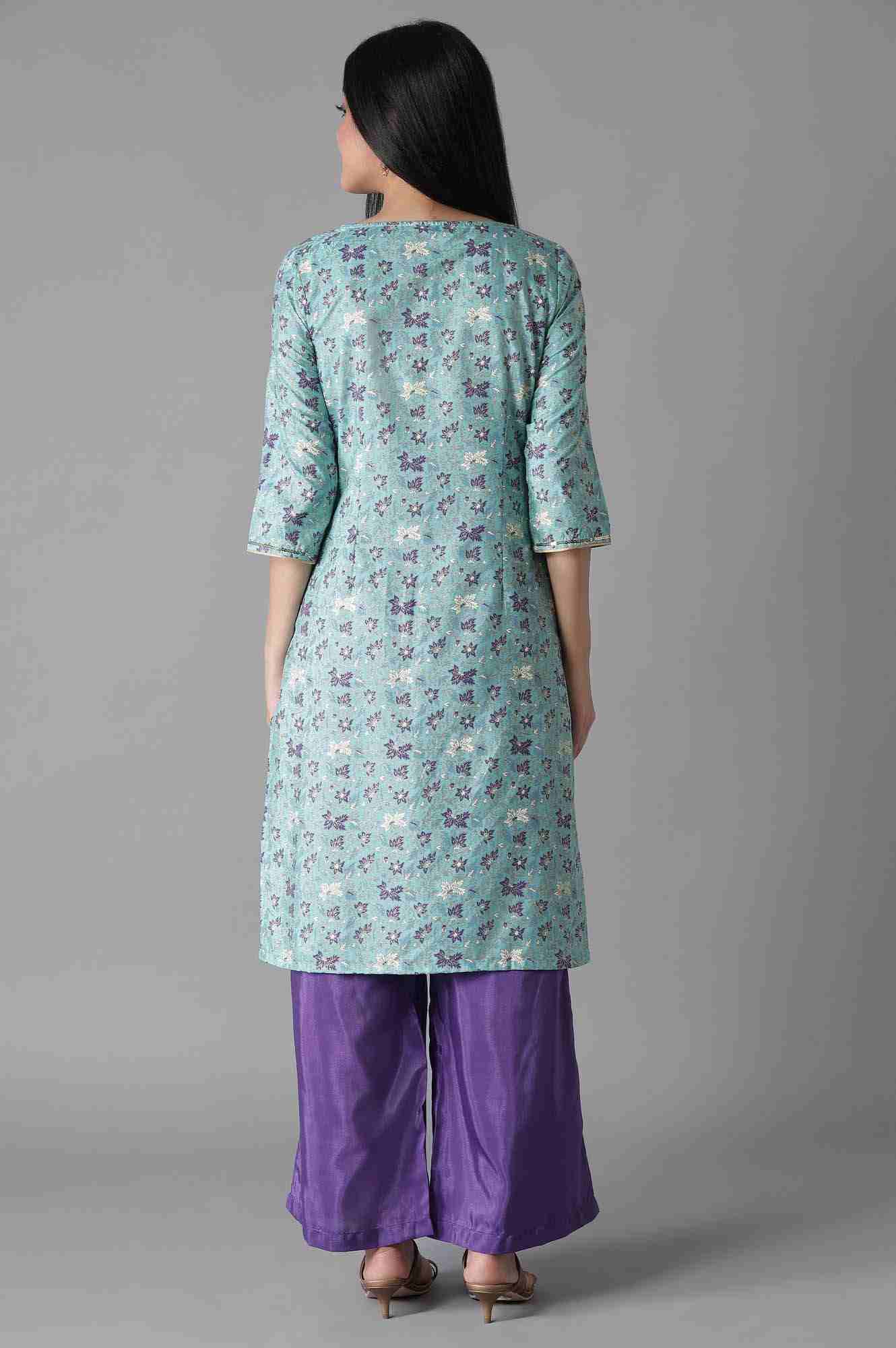 Blue Embroidered Mughal Print Straight Kurta-Palazzos Set