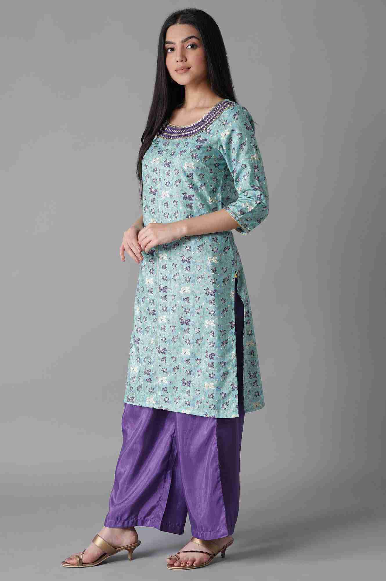 Blue Embroidered Mughal Print Straight Kurta-Palazzos Set