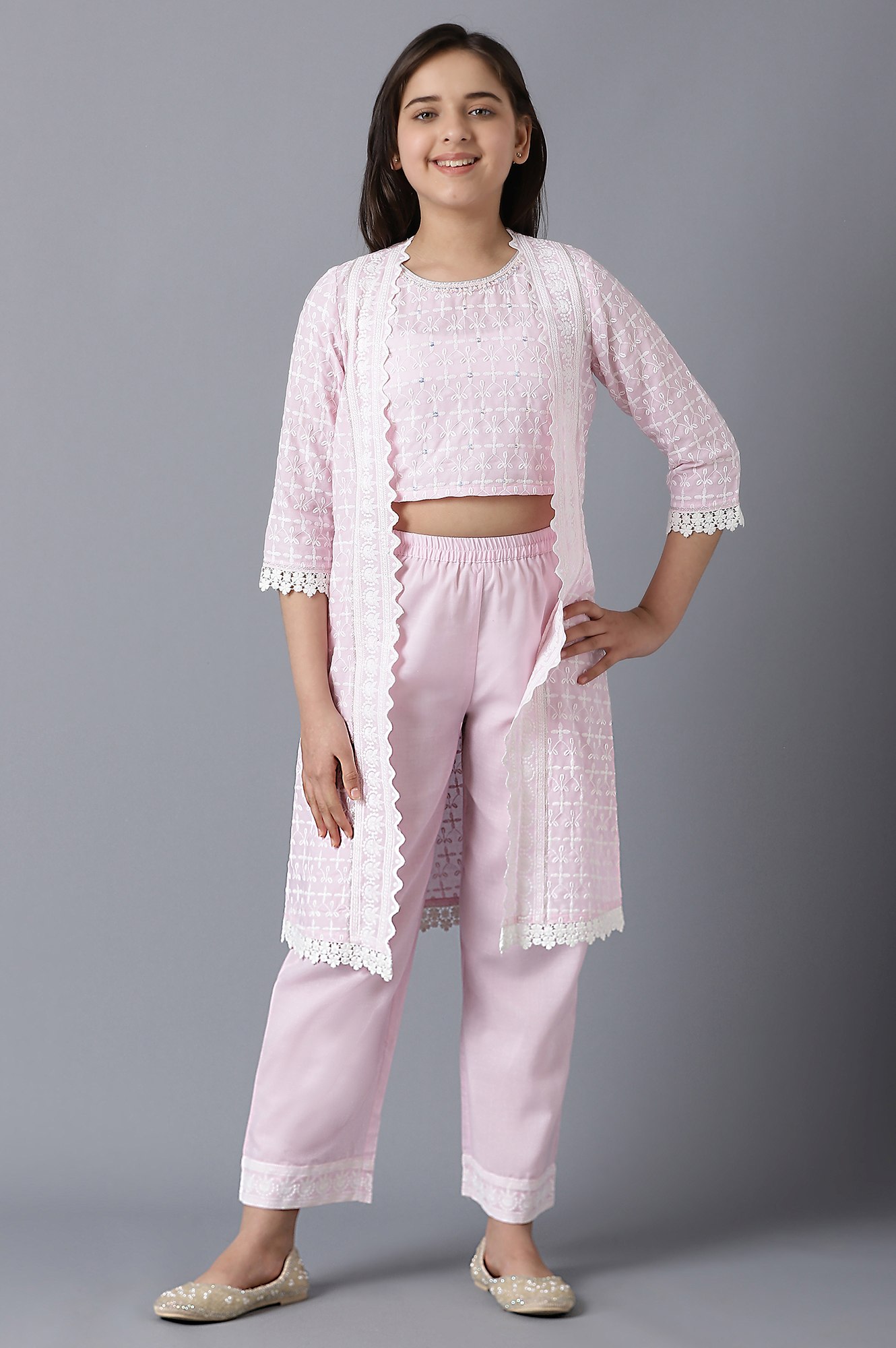 Girls Mauve Schiffli Gilet With Top And Pants