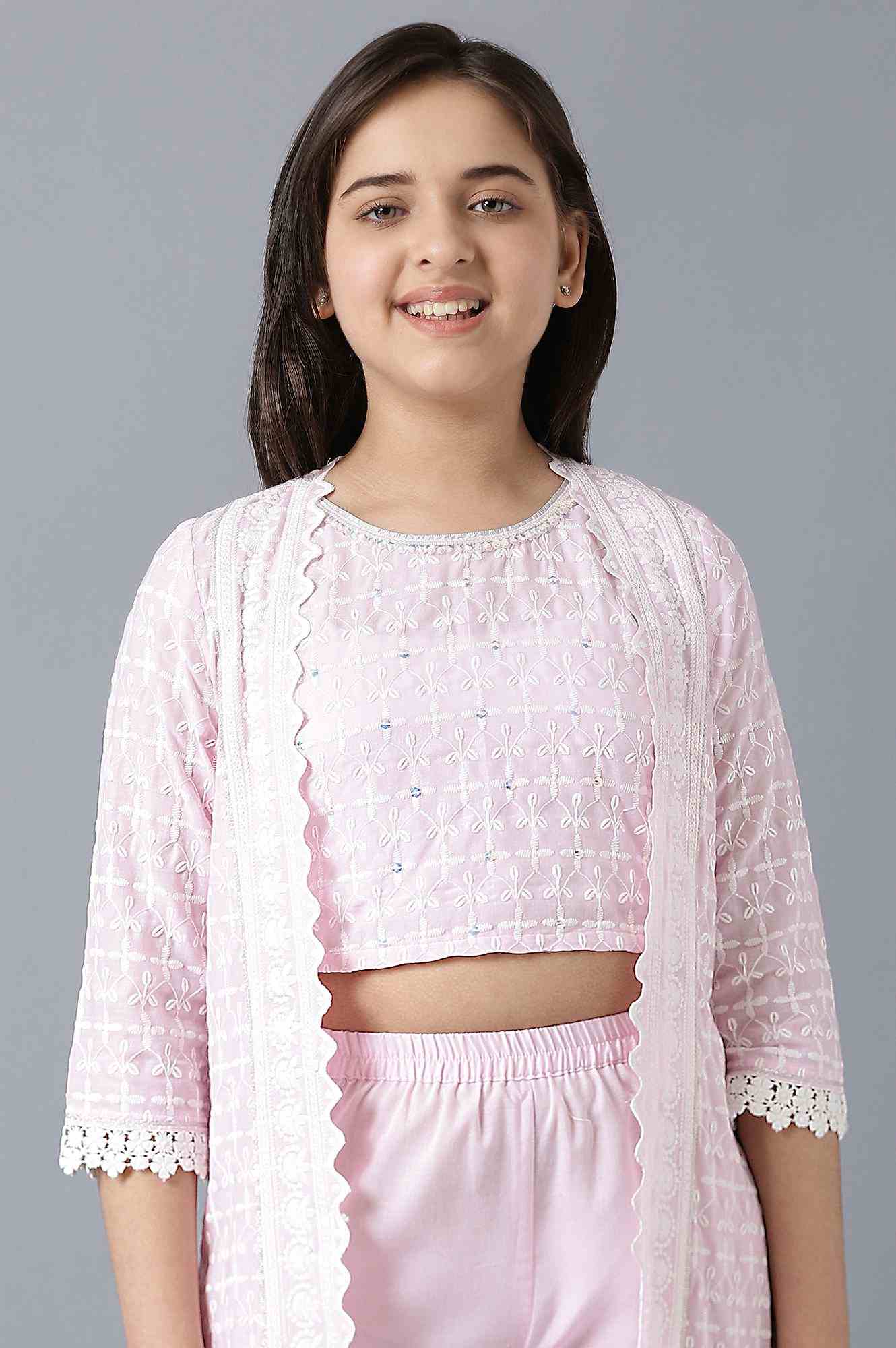 Girls Mauve Schiffli Gilet With Top And Pants