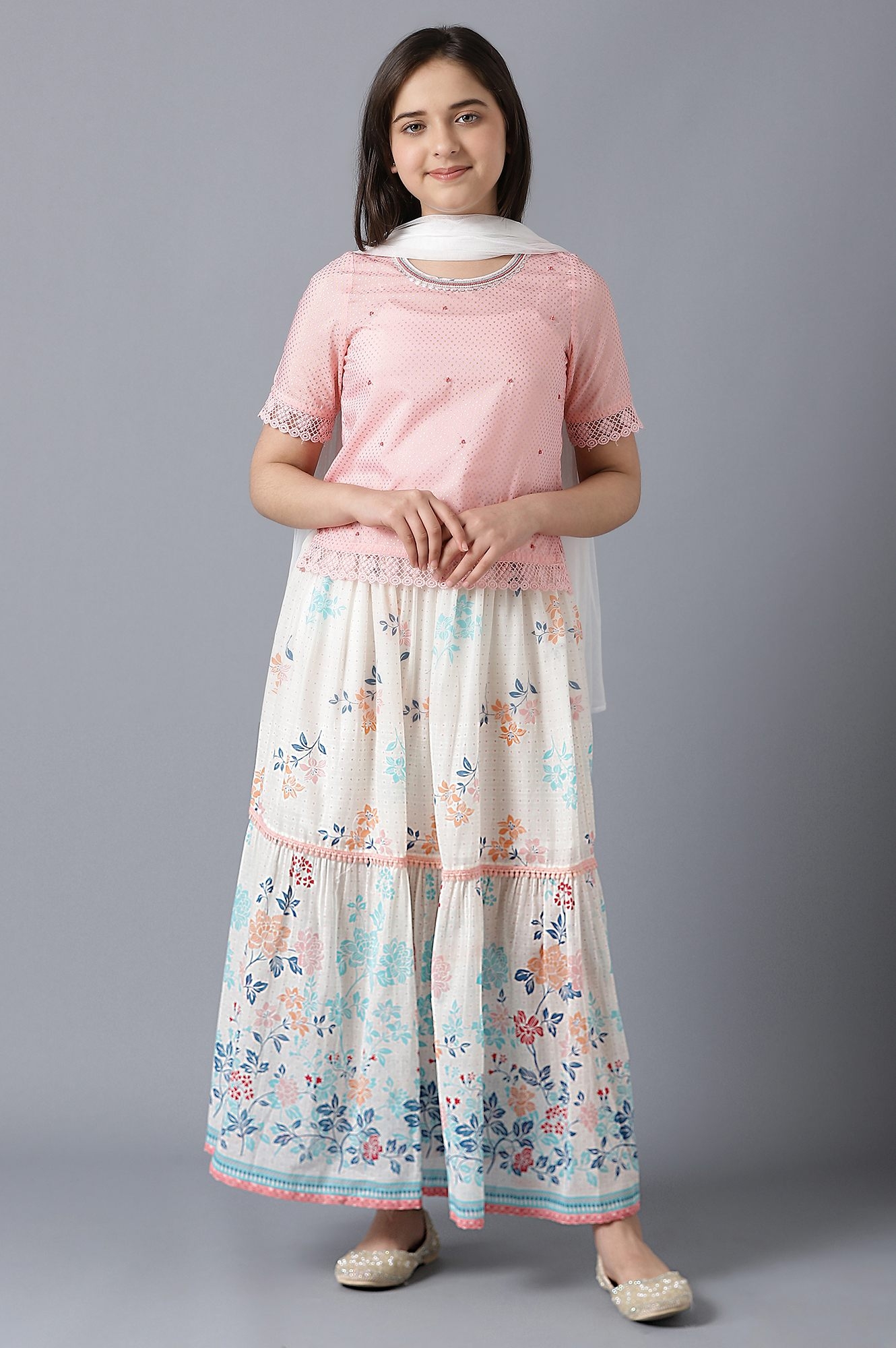 Aurelia | Pink Straight Top With White Flared Skirt And Dupatta 0