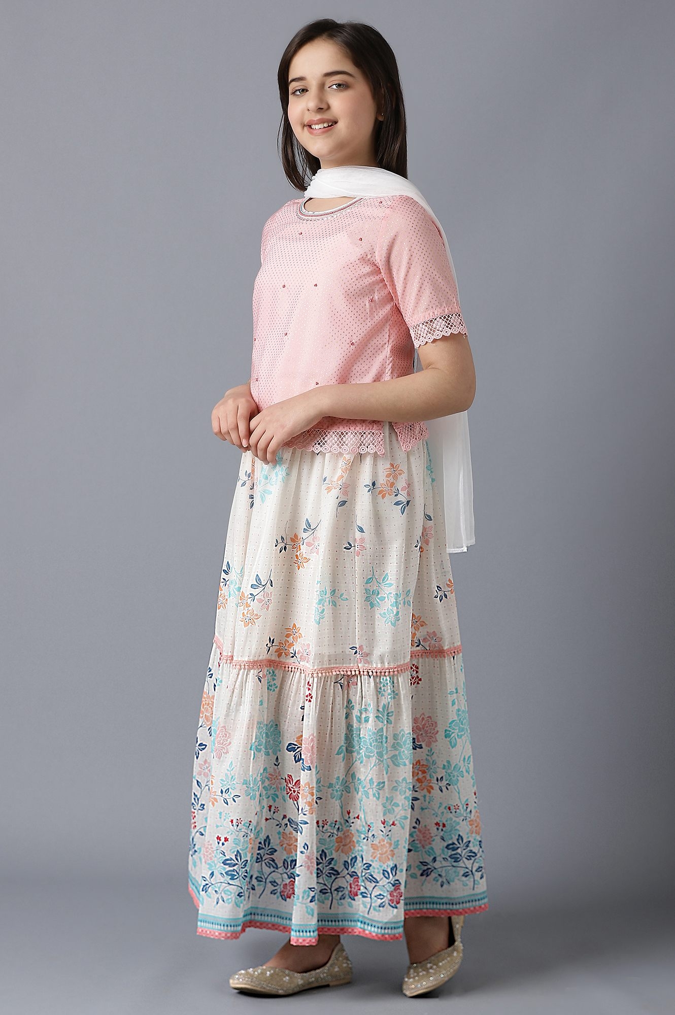 Aurelia | Pink Straight Top With White Flared Skirt And Dupatta 2