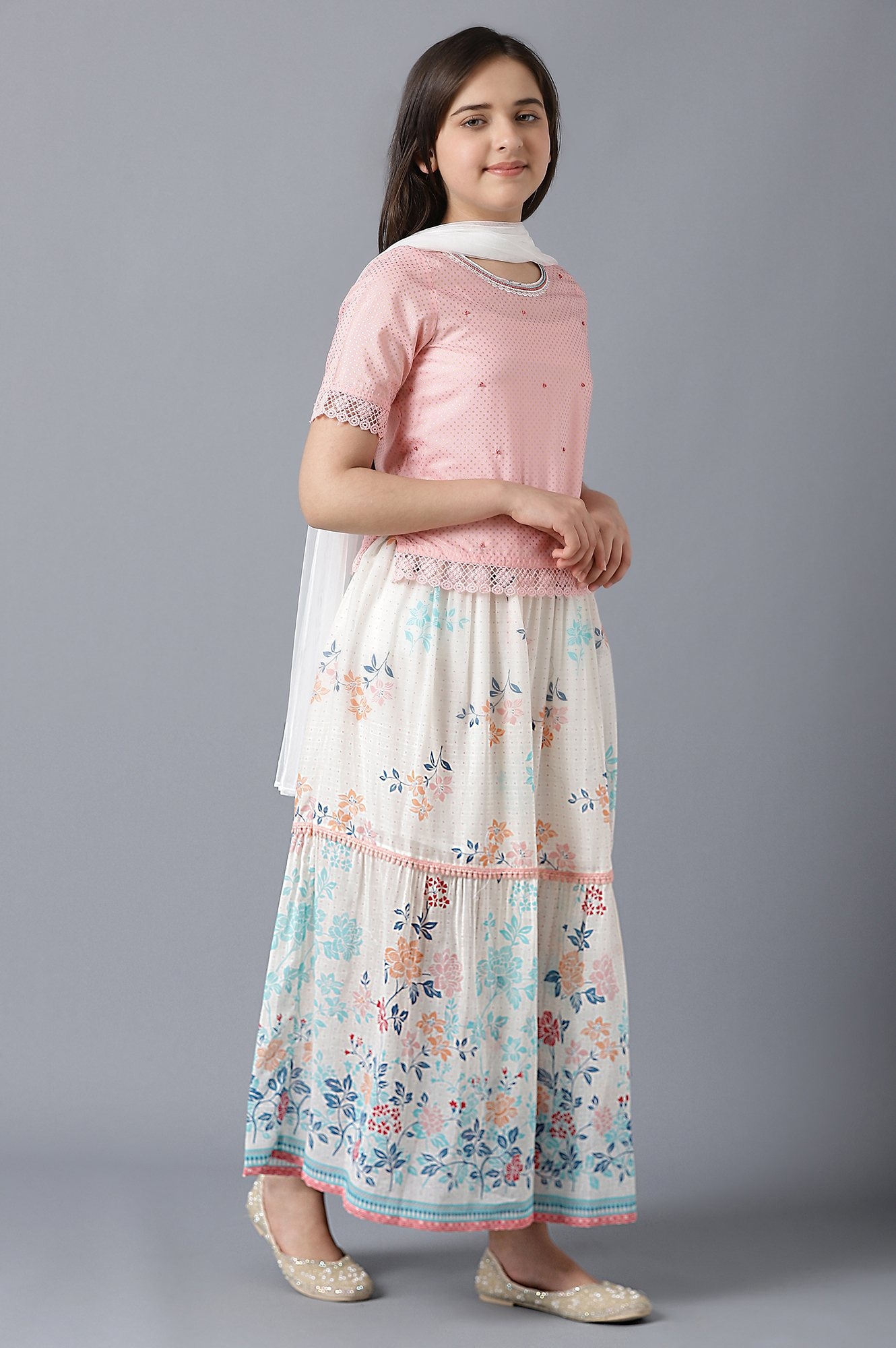 Aurelia | Pink Straight Top With White Flared Skirt And Dupatta 3
