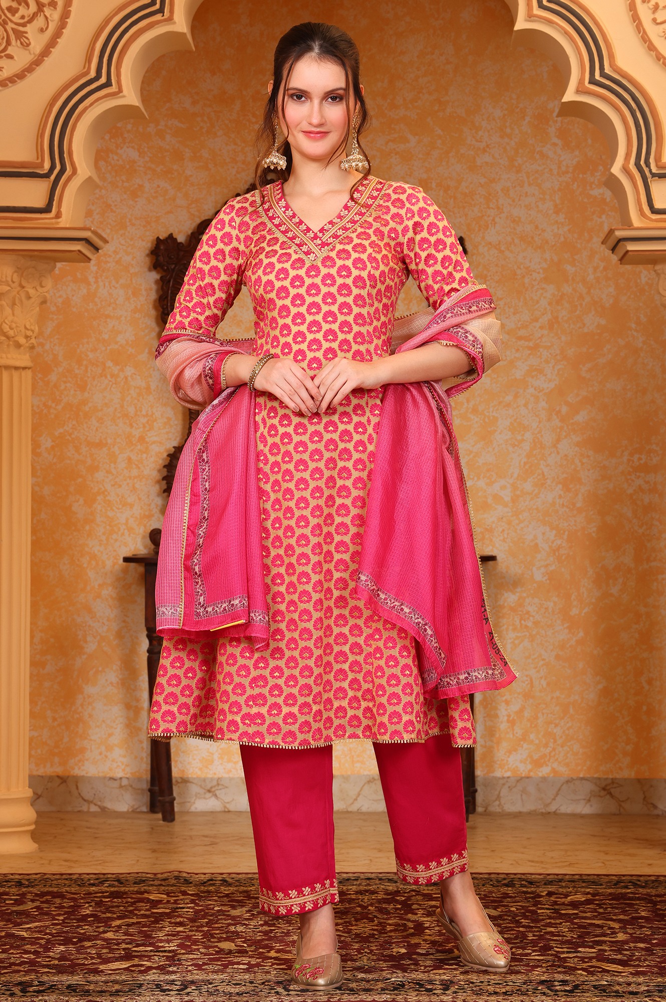 Aurelia Women’s Ethnic Motifs Thread Embroidered A-line Jacquard Pink Kurta, Palazzo and Dupatta Set