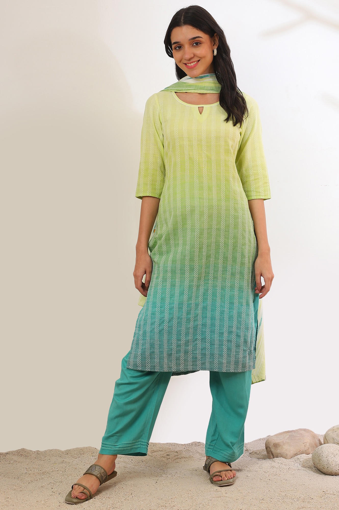 Aurelia Women's Green Yarn Dyed Pure Cotton Straight Kurta with Palazzo & Dupatta Set
