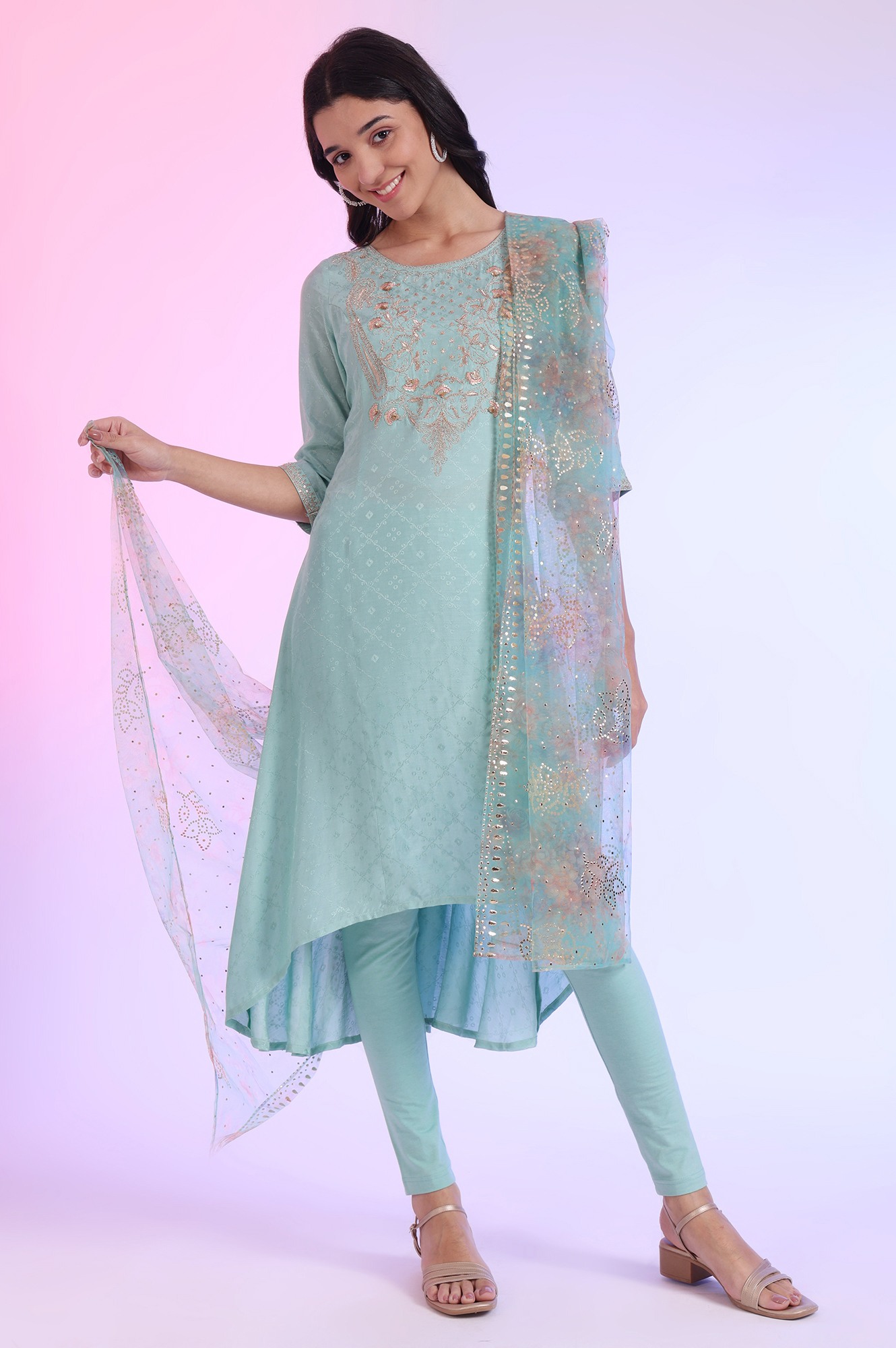 Aurelia Women's Green Embroidered Asymmetrical Kurta with Leggings & Dupatta Set