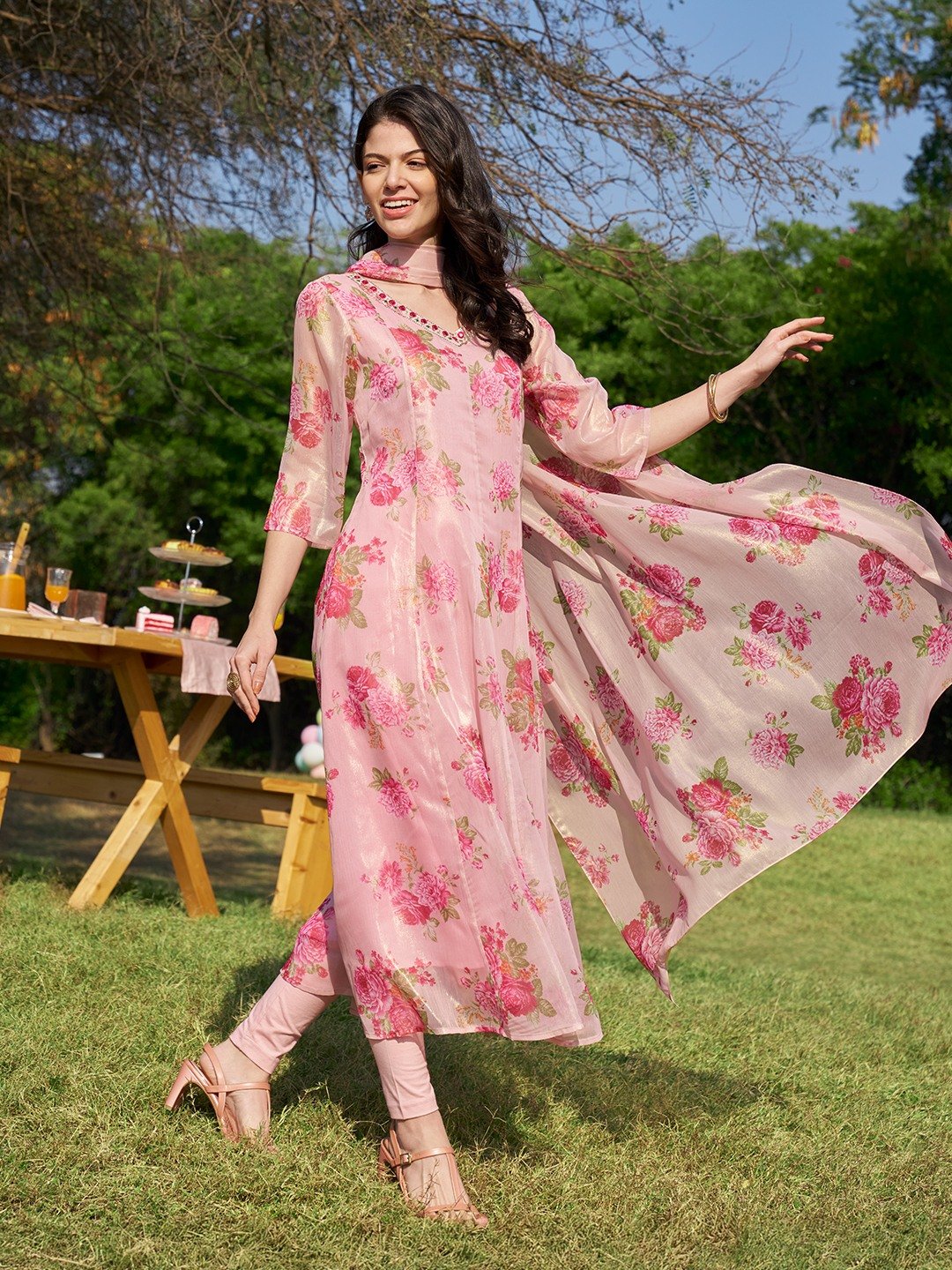 Aurelia Women's Apricot Pink Floral Printed Sheer Anarkali Kurta, Leggings and Dupatta Set