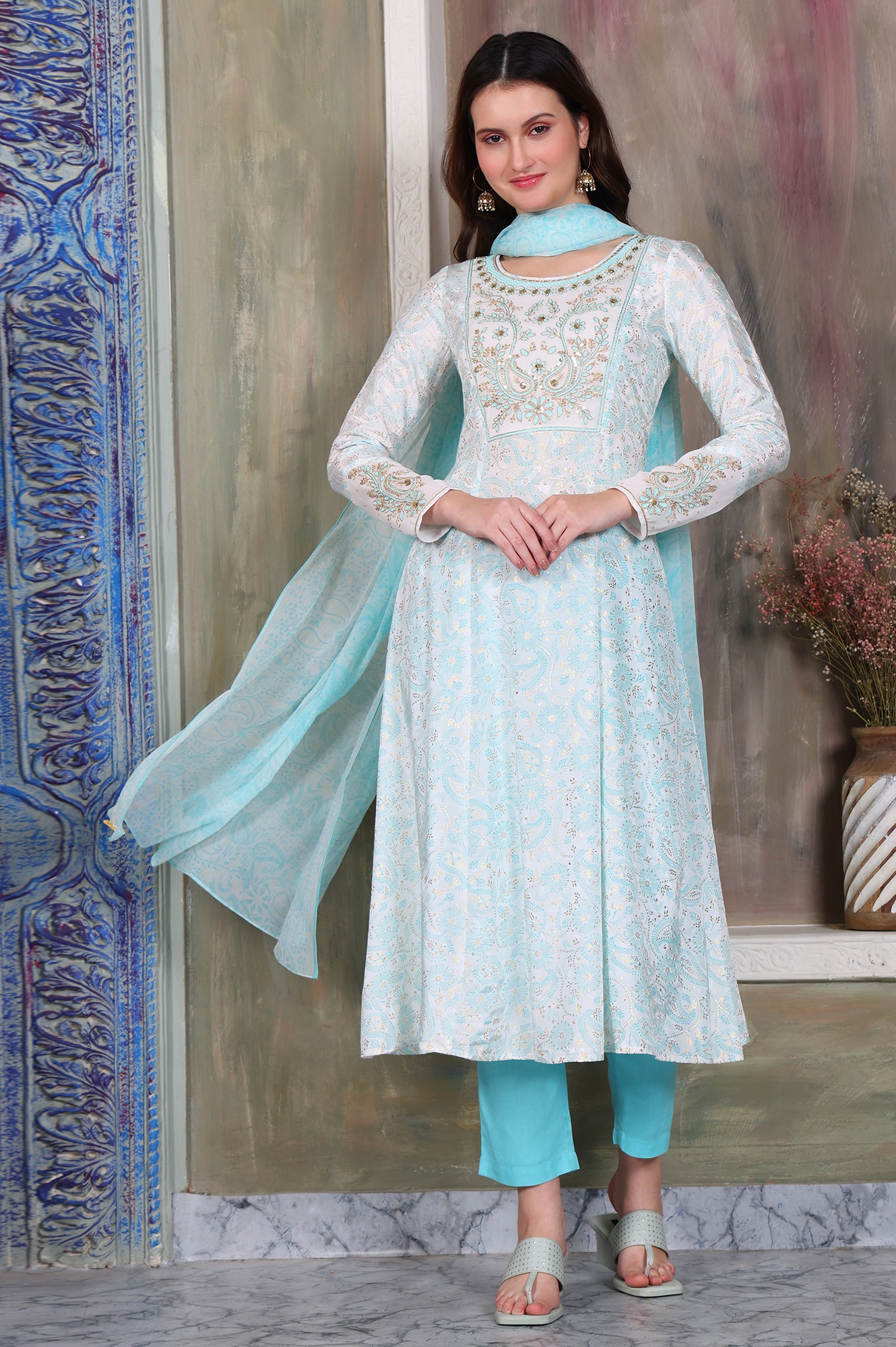 Aurelia Women’s Floral Printed Zari Embroidered Anarkali Sky Blue Kurta, Trouser and Stole Set