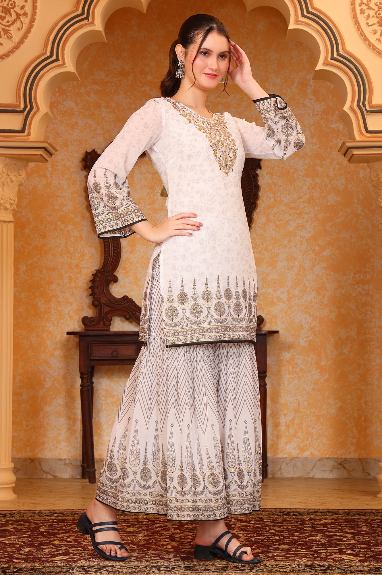 Aurelia Women’s Abstract Printed Zari Embroidered Straight White Kurta, Geometric Sharara and Dupatta Set