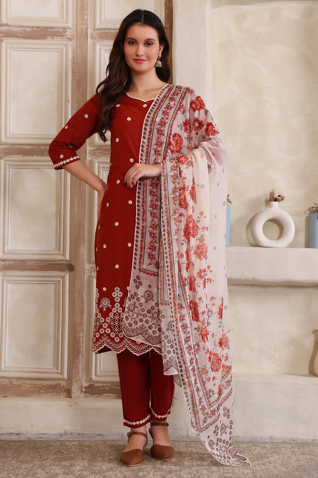 Aurelia Women’s Embroidered Schiffily Straight Cotton Rust Kurta, Solid Trouser and Floral Printed Chiffon Dupatta Set