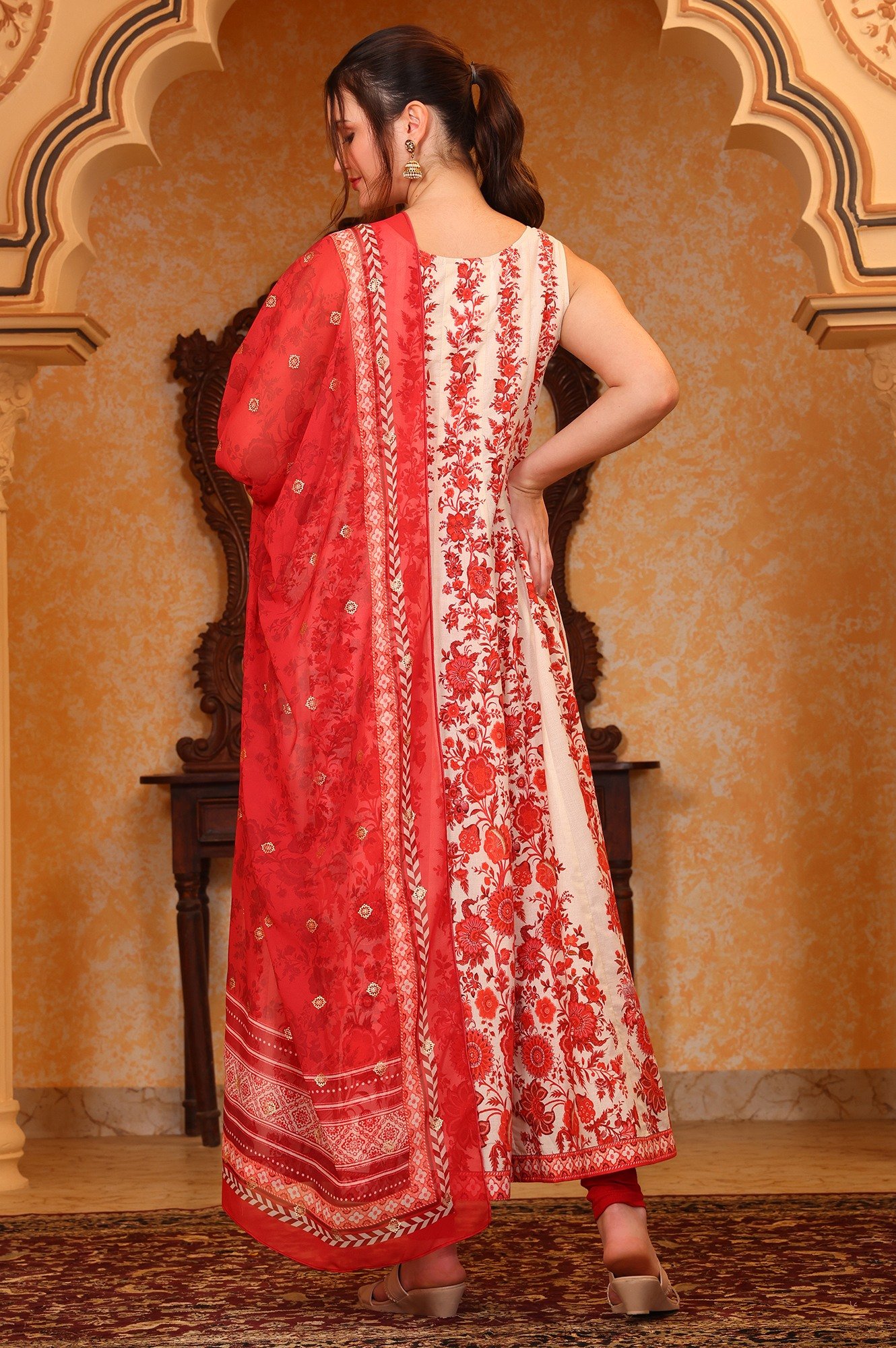 Aurelia Women’s Floral Printed Dori Embroidered Anarkali Pure Cotton Red Kurta, Tight and Dupatta Set