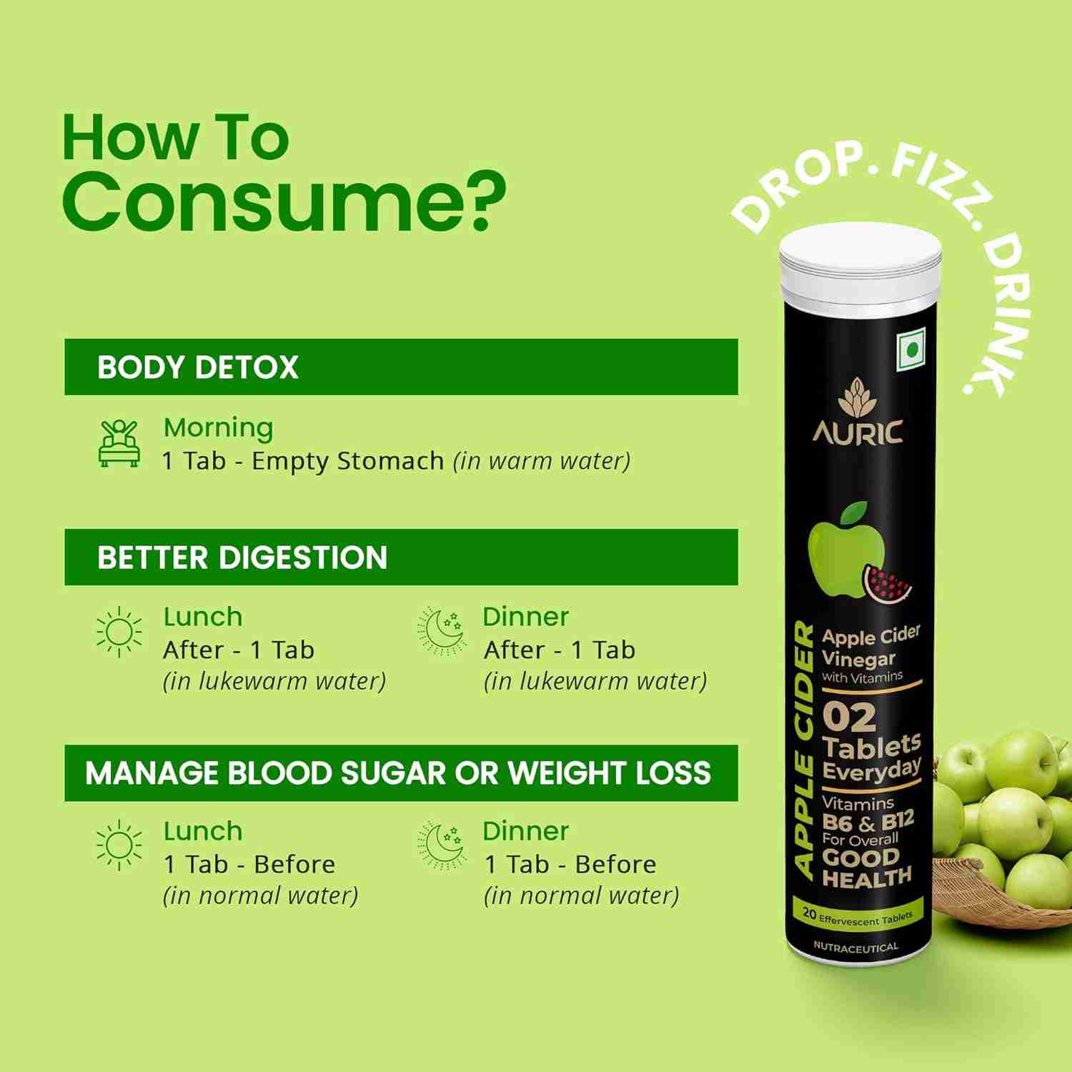 Auric Apple Cider Vinegar Vitamins|80 Acv Tab