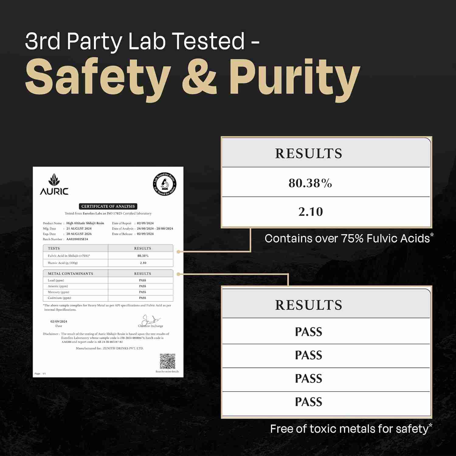 Auric Lab Certified High-Altitude Shilajit Gold Resin 20g | 75% Fulvic Acid + Humic Acid | 80+ Trace Minerals with Real Brass Spoon