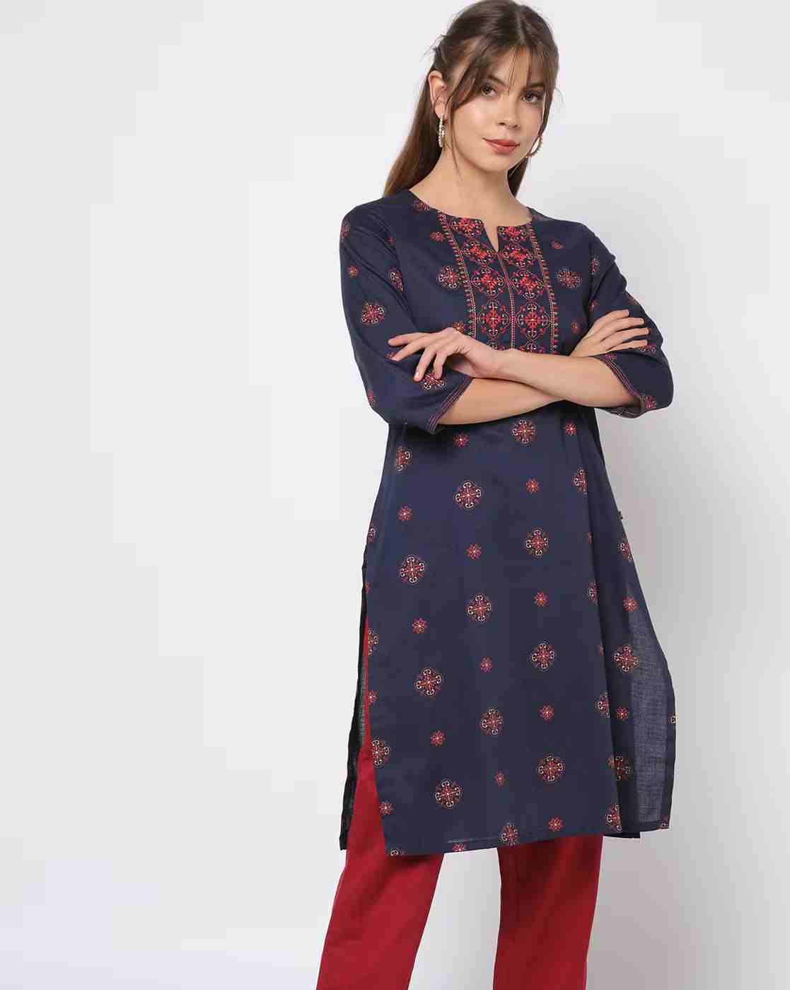 AVAASA MIX N' MATCH | Straight Kurta with Embroidered Yoke|0