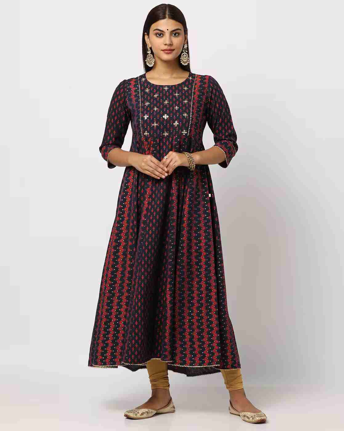 AVAASA MIX N' MATCH | Floral Print Round-Neck A-Line Kurta|0