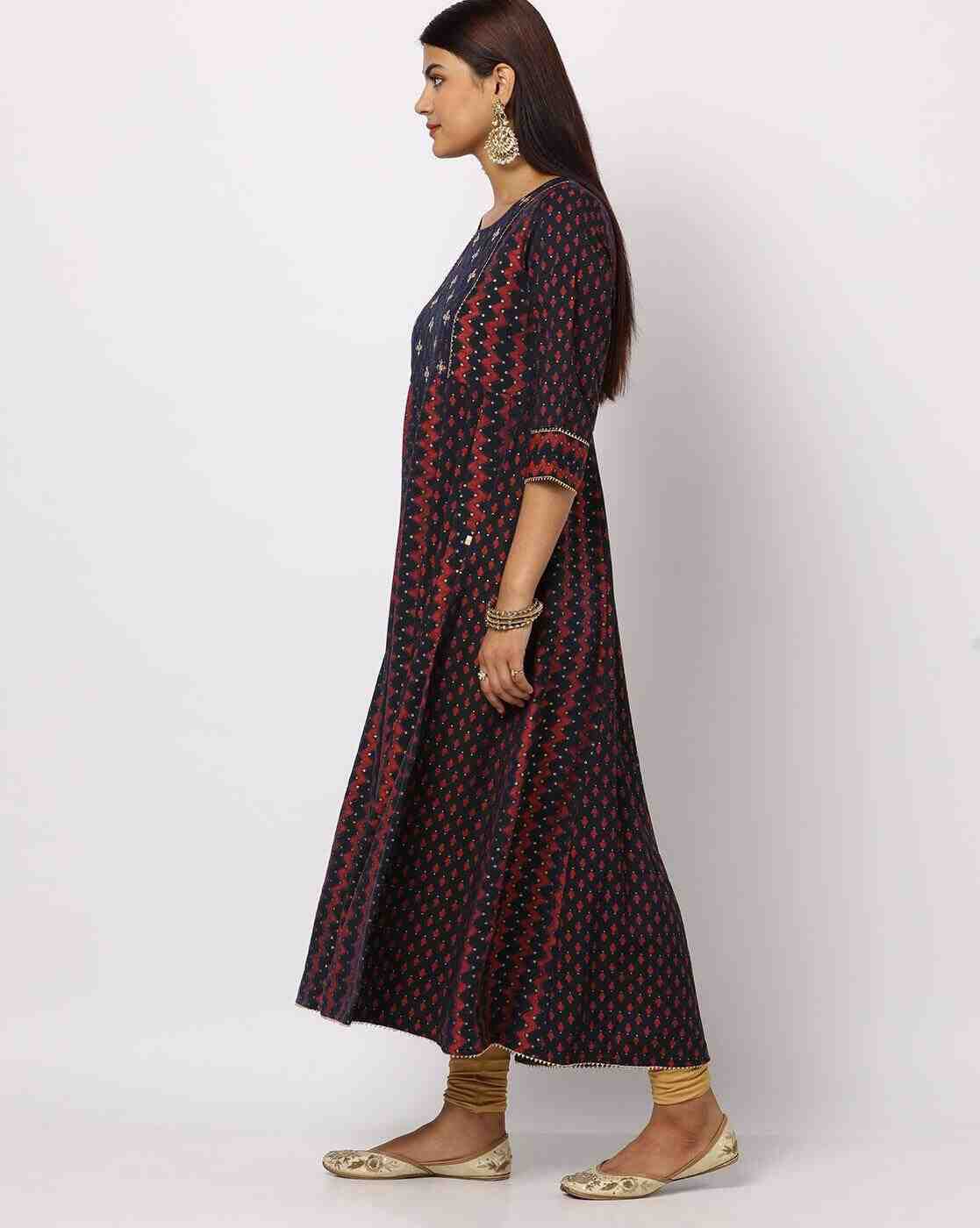 AVAASA MIX N' MATCH | Floral Print Round-Neck A-Line Kurta|1